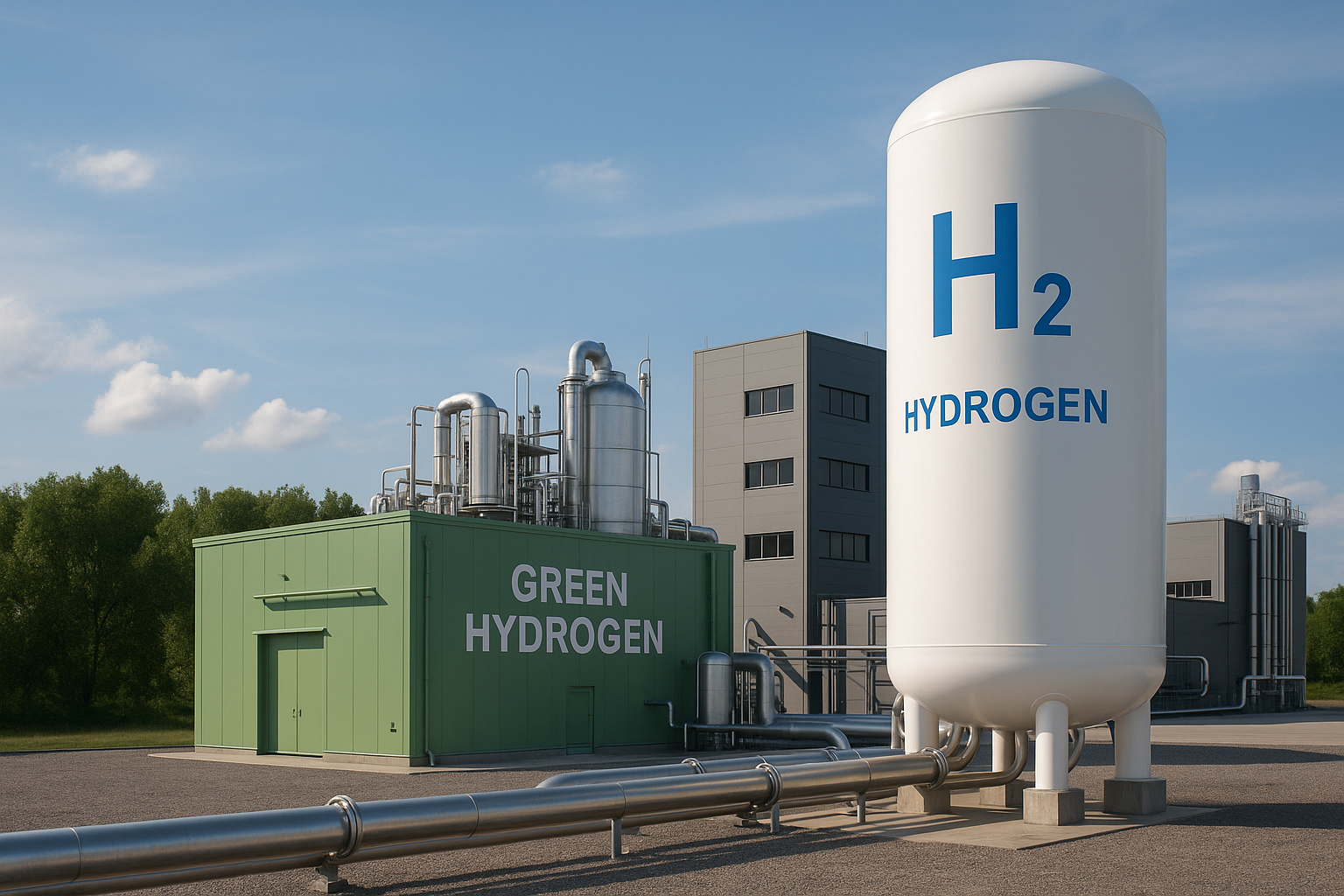 A photorealistic industrial scene showing a modern green hydrogen facility with large hydrogen storage tanks, stainless-steel piping, and a renewable-powered processing building under clear skies.