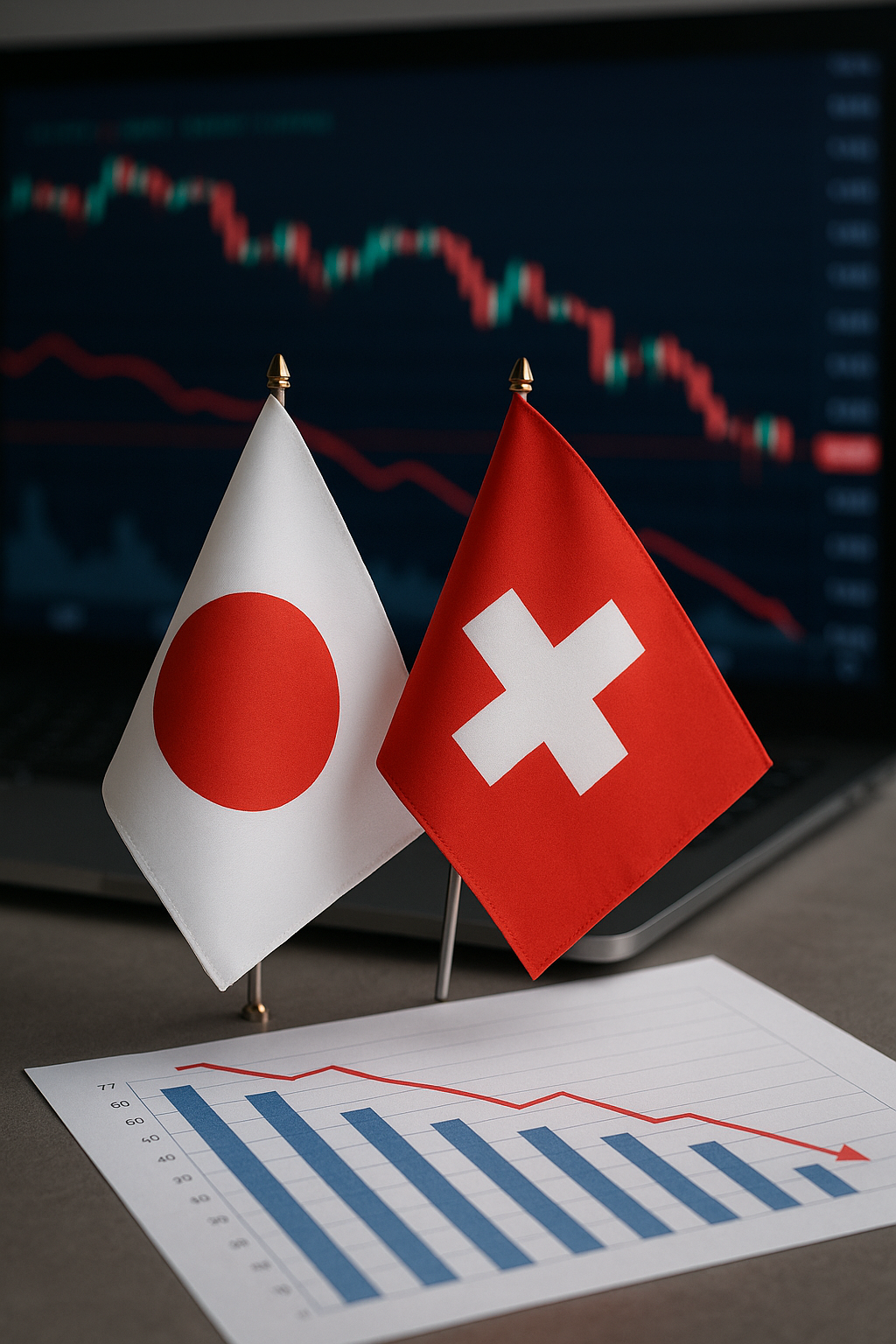 A photorealistic scene showing Japan’s and Switzerland’s flags placed together in front of a computer screen displaying a falling market chart, with a printed downward-trending economic graph on a desk.