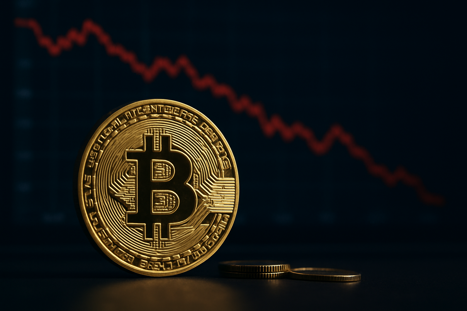 A photorealistic gold Bitcoin coin in front of a dark background featuring a red downward-trending financial chart, symbolizing declining crypto prices.