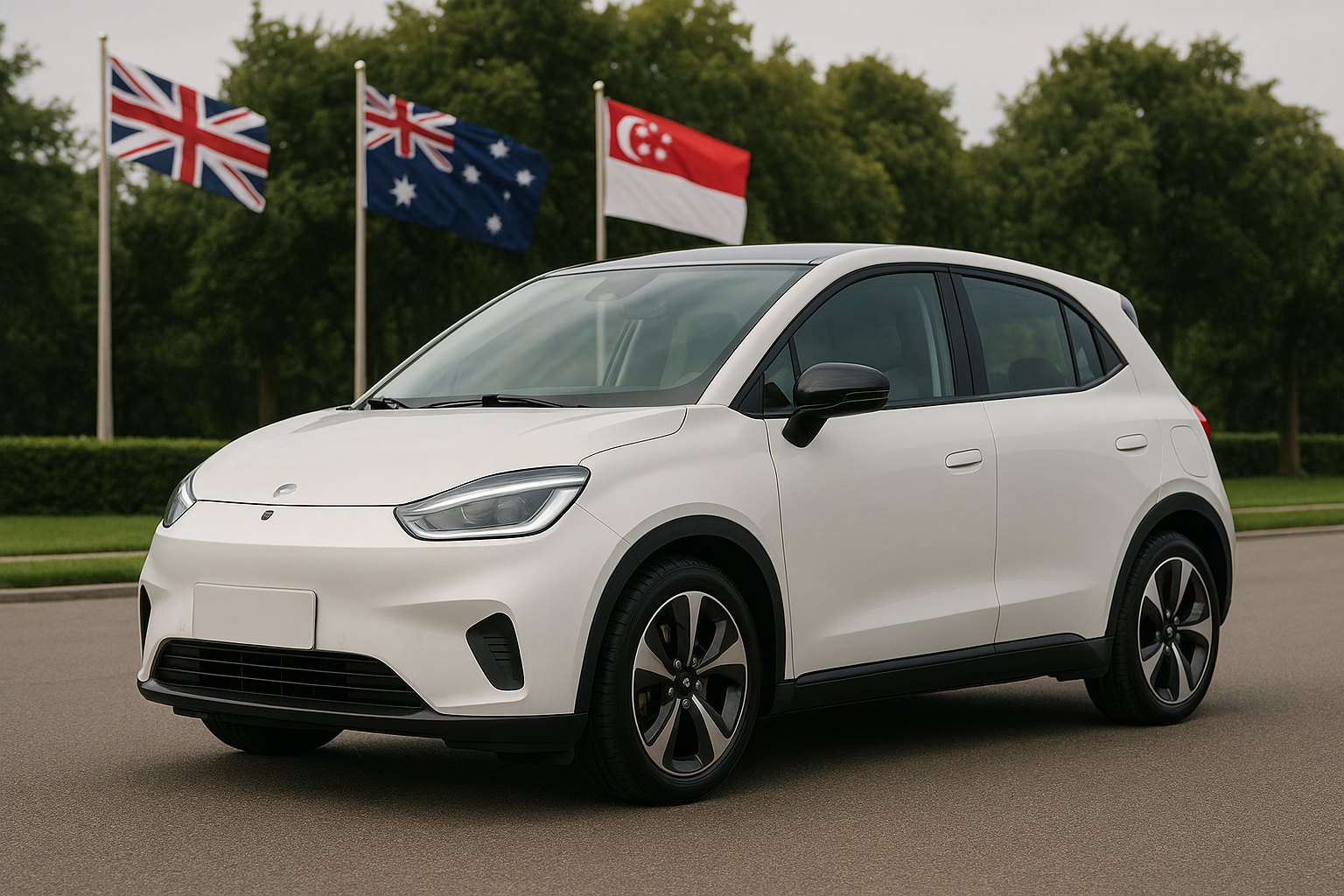 A photorealistic white electric vehicle parked on a clean roadway with UK, Australia, and Singapore flags in the background, symbolizing EV expansion into right-hand-drive markets.
