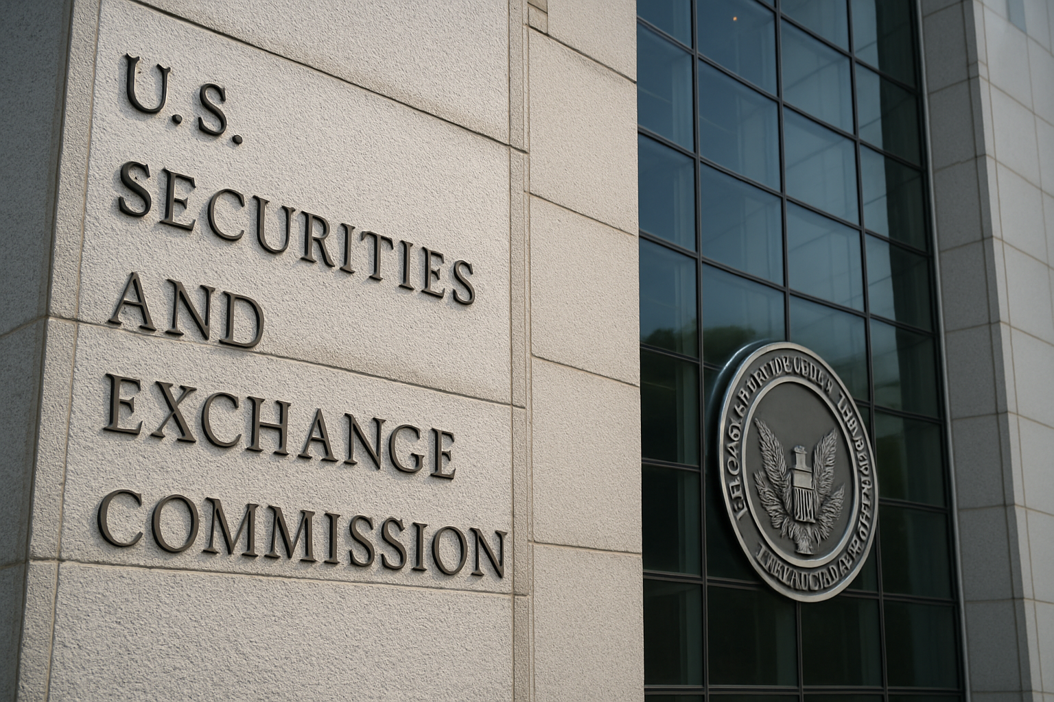 A photorealistic close-up of the U.S. Securities and Exchange Commission building facade, showing engraved lettering and the official SEC seal.