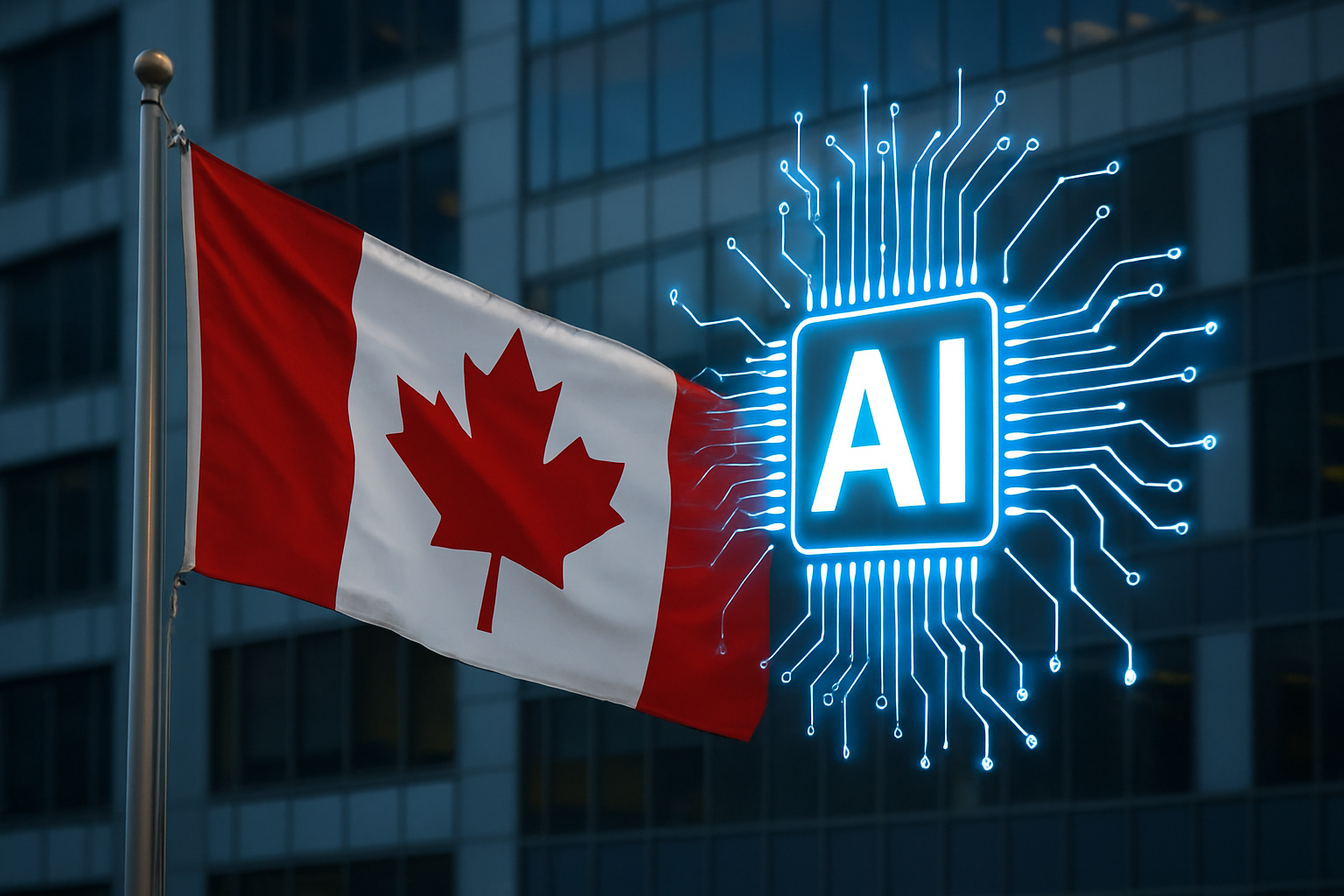 A photorealistic image of the Canadian flag flying beside a glowing AI circuit symbol in front of a modern glass building.