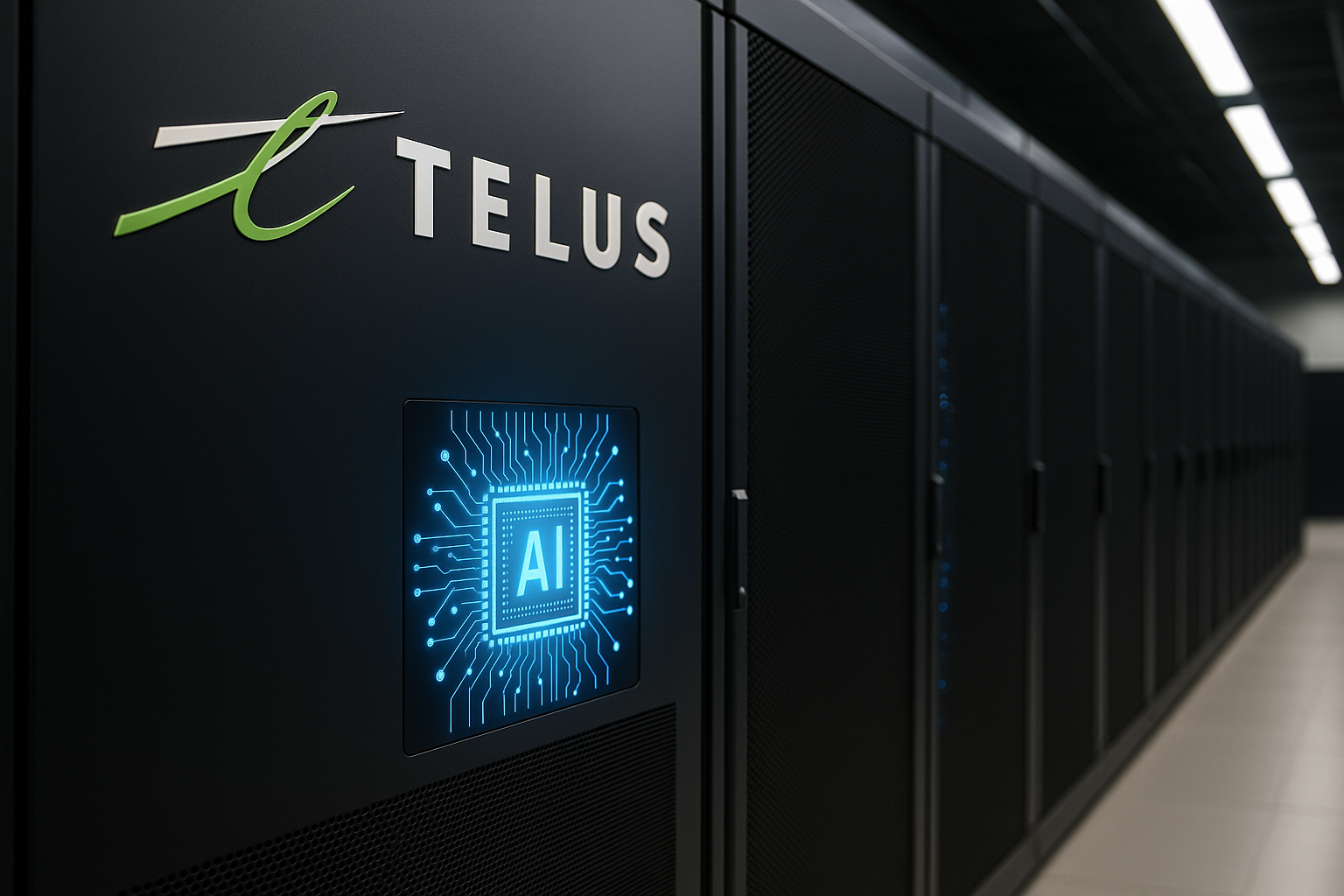 A photorealistic view of a modern data center featuring TELUS-branded supercomputer racks with a glowing AI chip display.