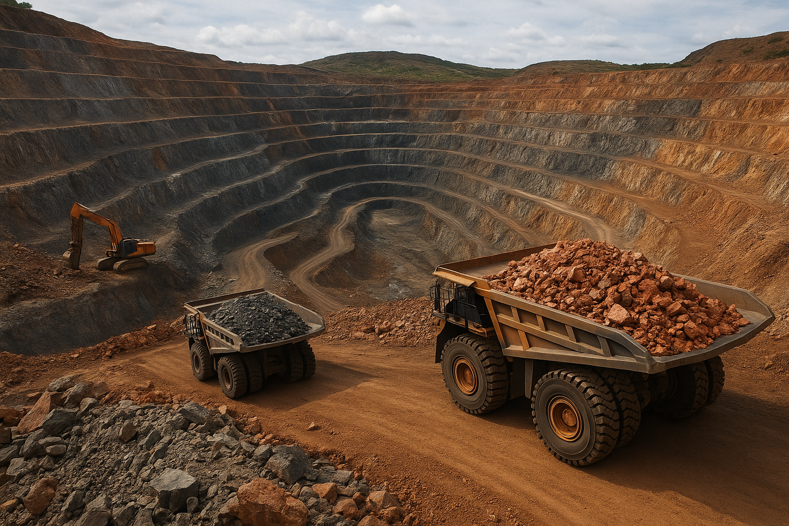 A photorealistic image of a large open-pit copper mine featuring terraced rock walls, heavy haul trucks carrying ore, and an excavator working along the bench levels.