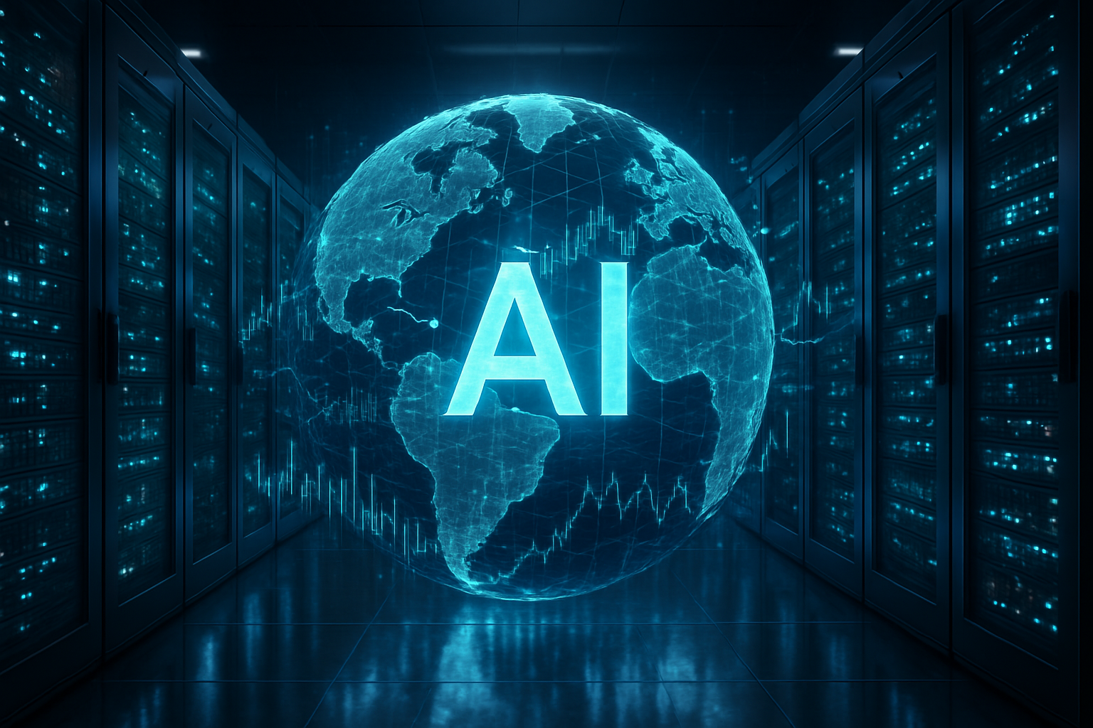 High-tech data center hallway with illuminated server racks and a glowing digital globe symbolizing global artificial intelligence infrastructure.