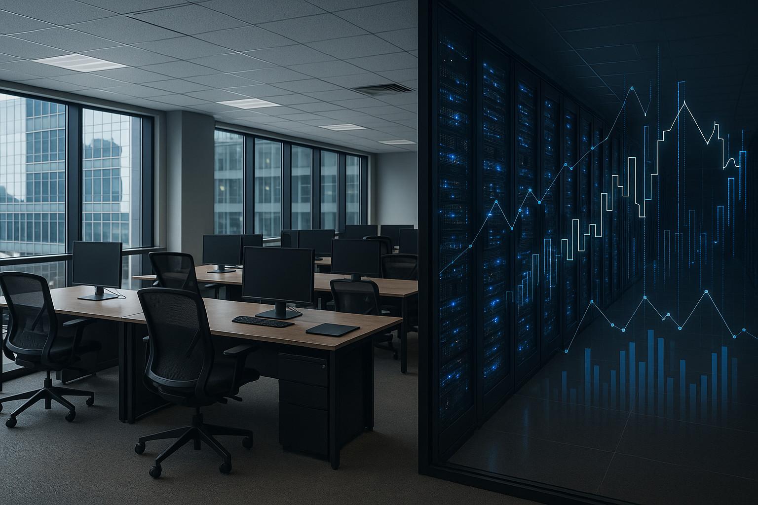 Modern office space with empty workstations next to a glass-walled server room glowing with blue lights, symbolizing Big Tech layoffs amid continued investment in AI and data infrastructure.