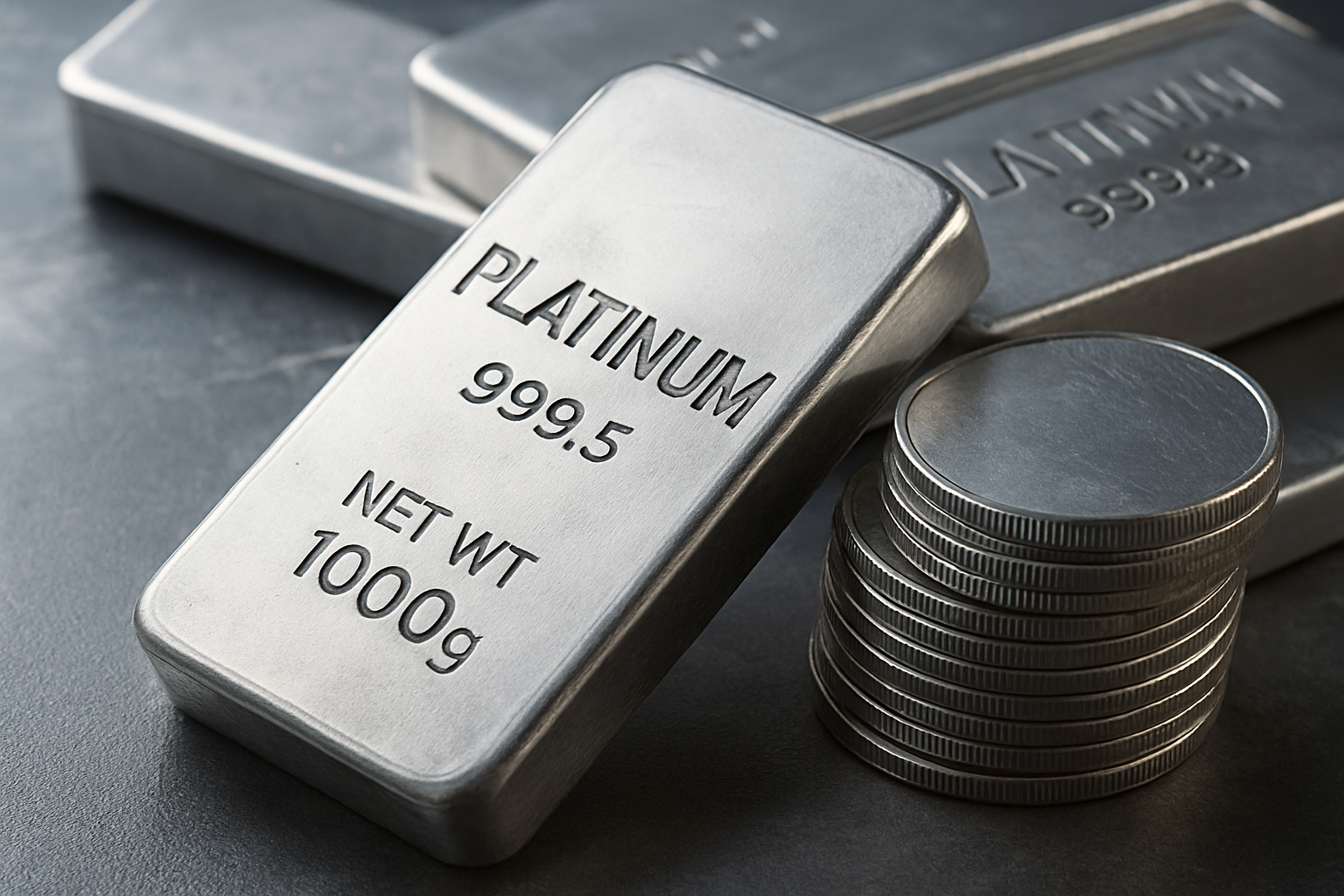 Close-up of stacked platinum bars and coins with polished metallic surfaces, symbolizing shifts in platinum supply and investment demand.
