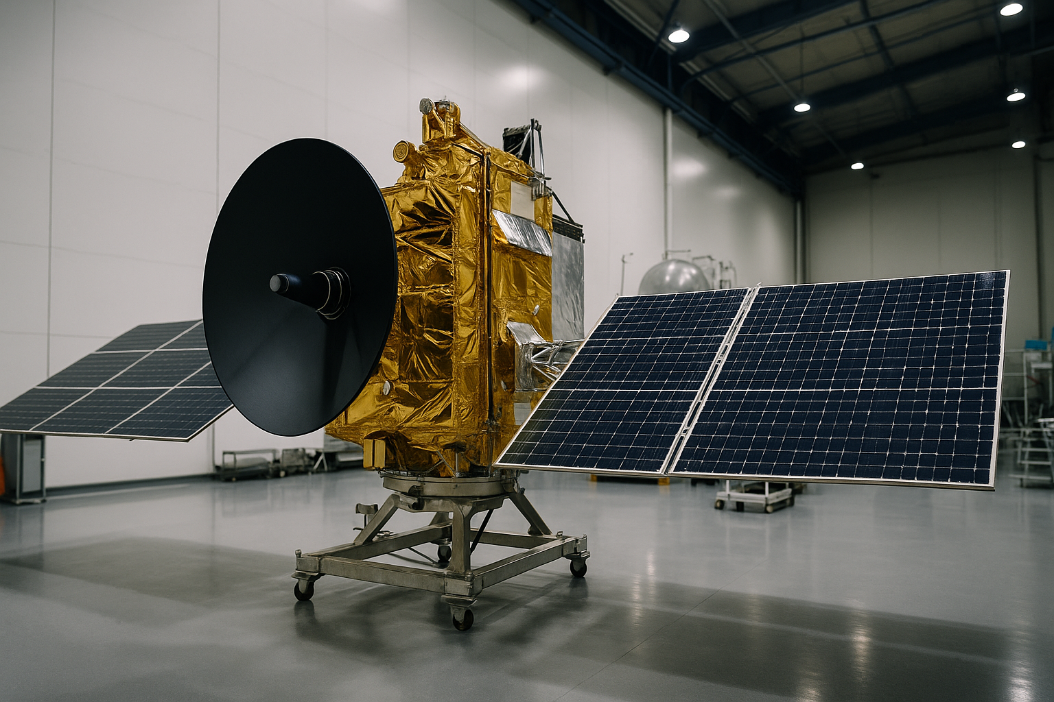 A satellite with solar panels inside a clean, high-tech aerospace fabrication facility, symbolizing national investment in advanced space technology.