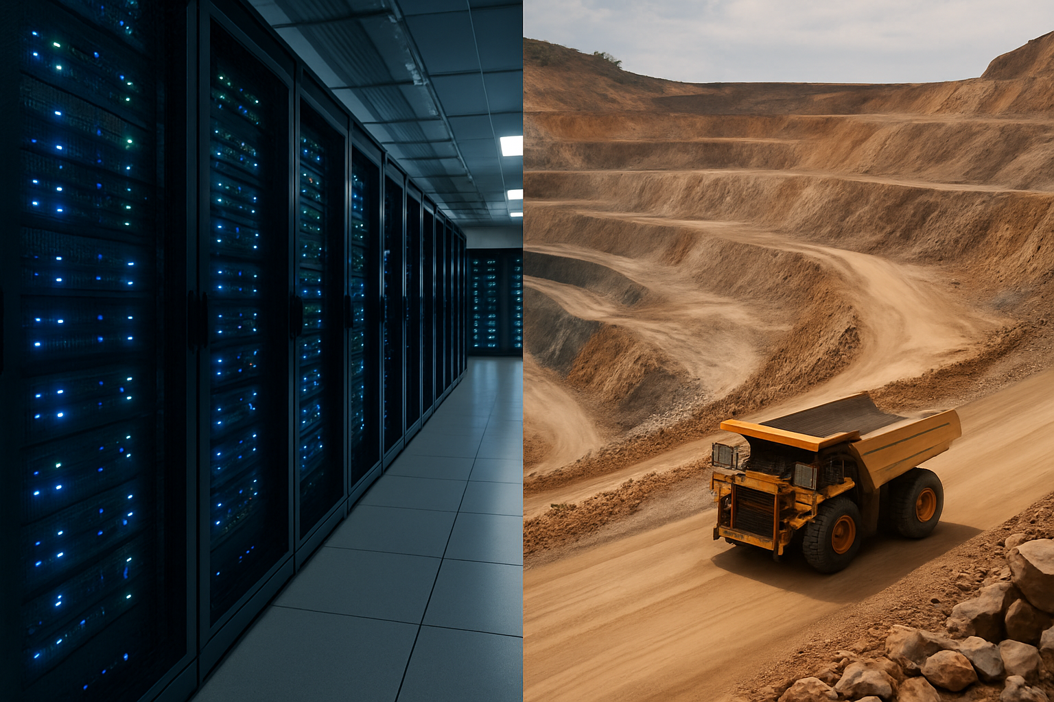 A split photorealistic image contrasting a glowing data center with a large mining truck in an open-pit mine, symbolizing the balance between technology and commodity-driven markets.