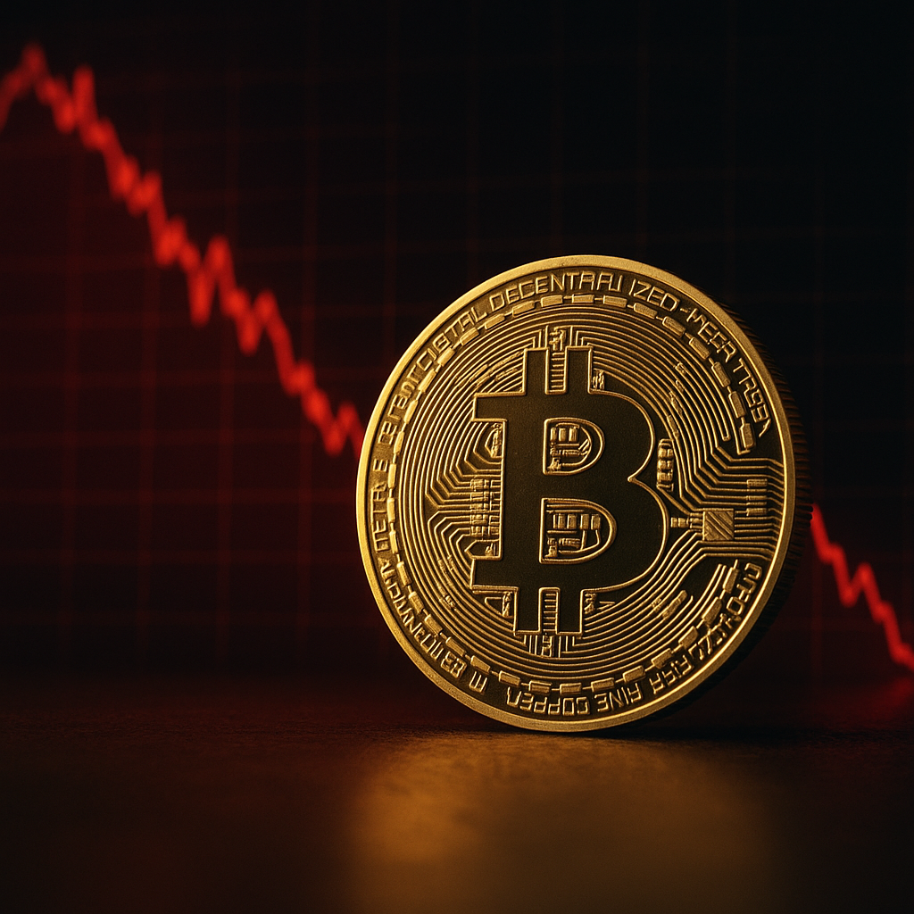 A gold Bitcoin coin in sharp focus with a blurred red downward market chart behind it, symbolizing a steep decline in cryptocurrency valuations.