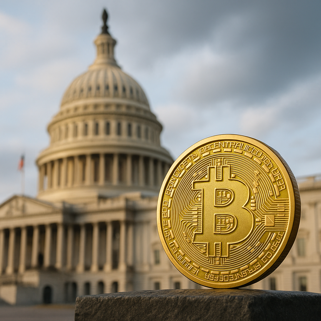 A large gold Bitcoin coin positioned in front of the U.S. Capitol building, symbolizing government oversight of digital asset markets.