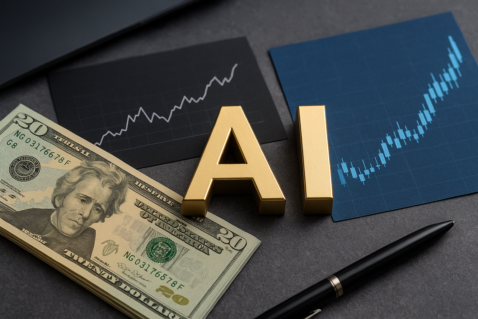 Photorealistic scene showing financial charts, a stack of U.S. dollar bills, and golden “AI” letters symbolizing the rising capital demands and financial pressures of the AI sector.