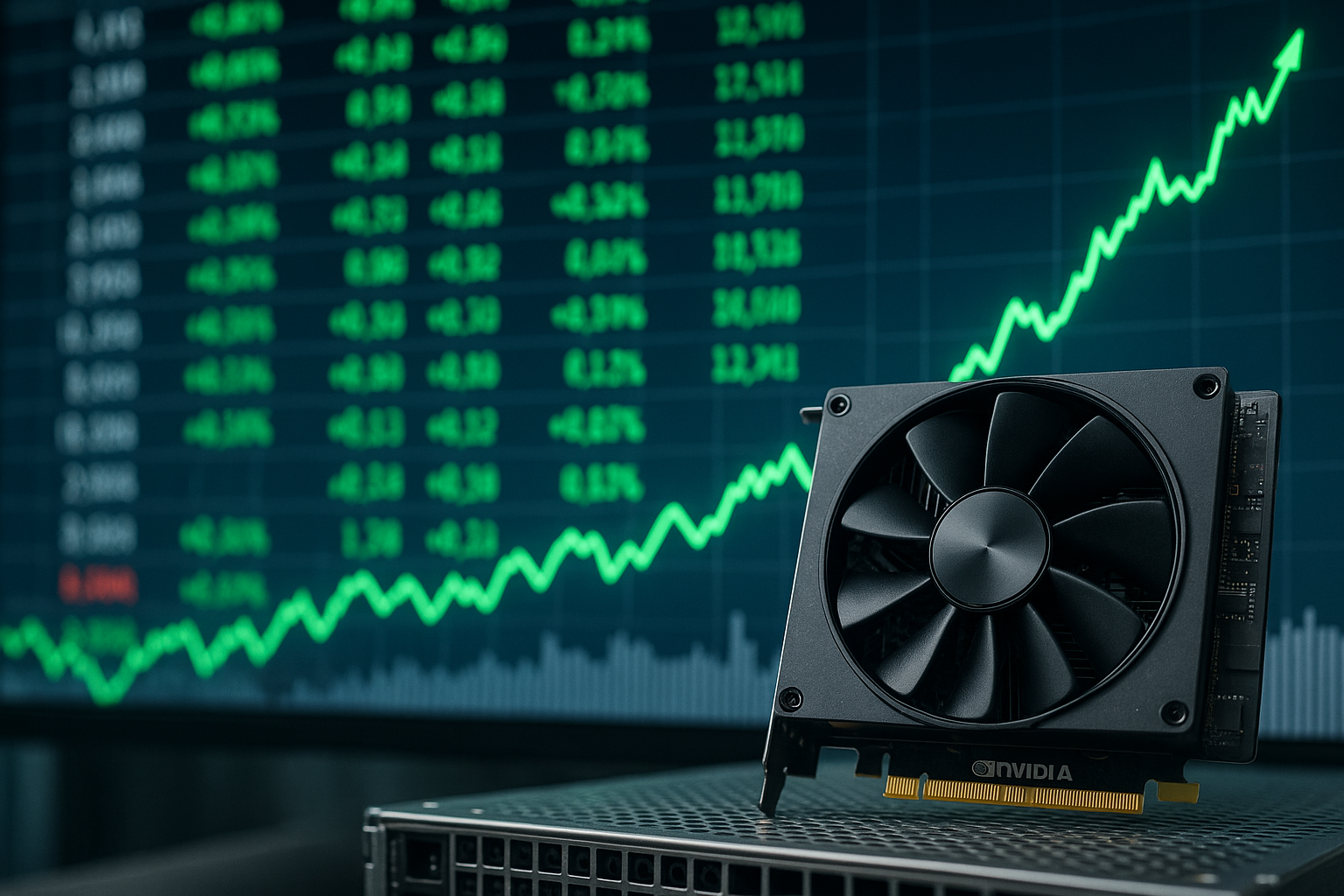 A close-up of an NVIDIA graphics card positioned in front of a glowing stock market board showing rising green figures and a sharp upward trend line.