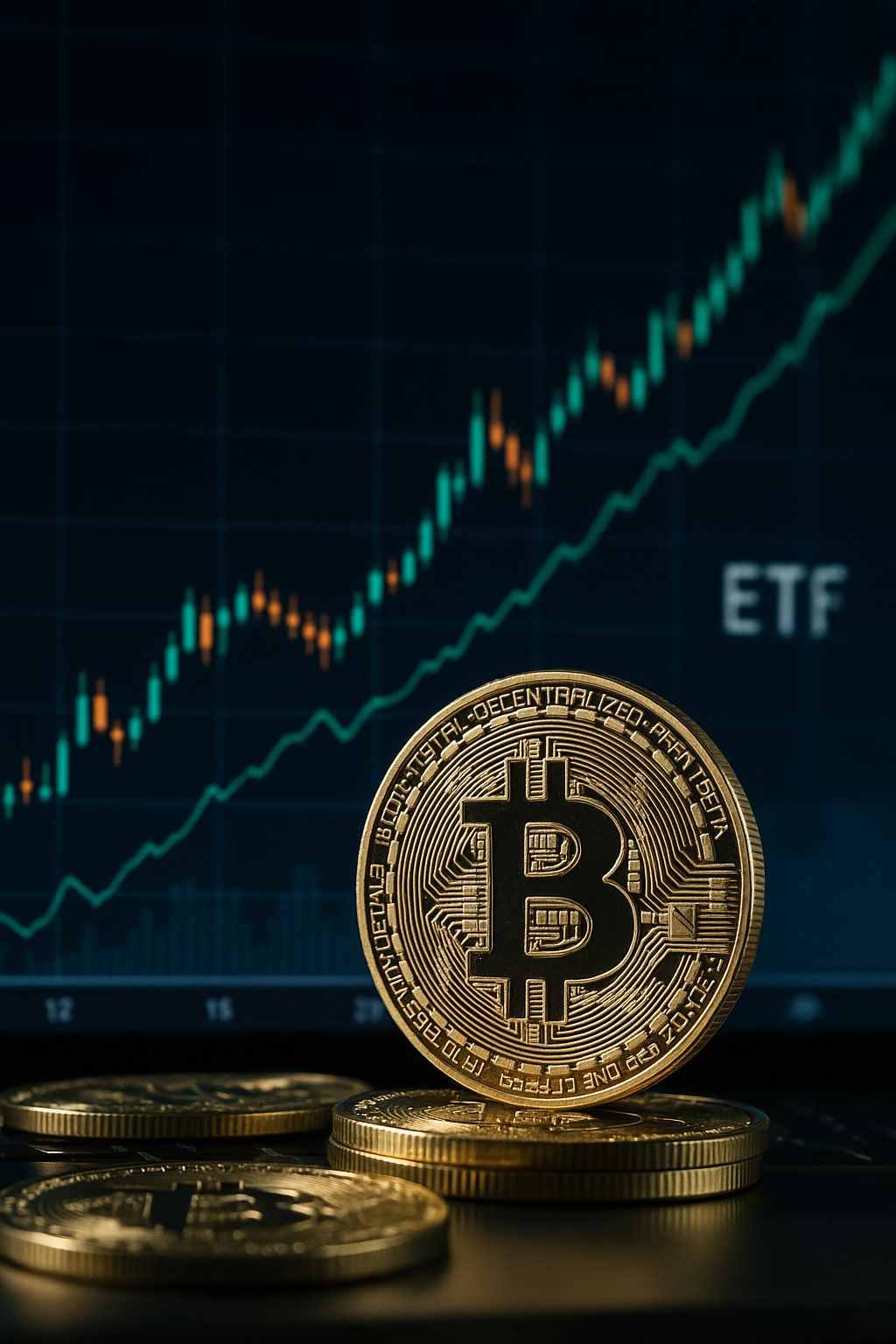A detailed close-up of gold Bitcoin coins with a rising financial chart in the background symbolizing institutional inflows into crypto markets.