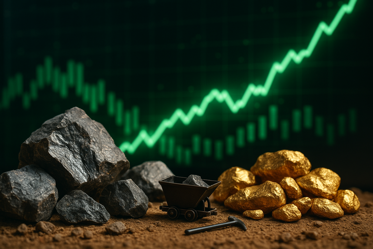 Rocks, gold nuggets, and a miniature mining cart sit in the foreground while a glowing upward stock market graph rises behind them.
