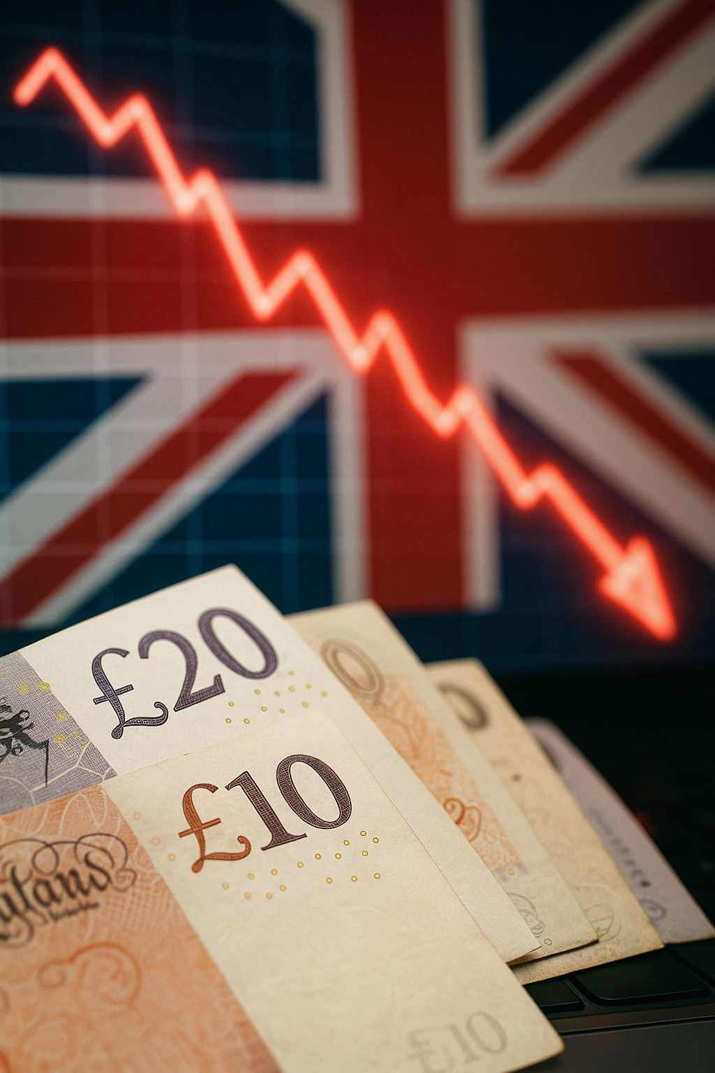 British pound banknotes in the foreground with a downward-sloping financial chart over a blurred Union Jack flag in the background.
