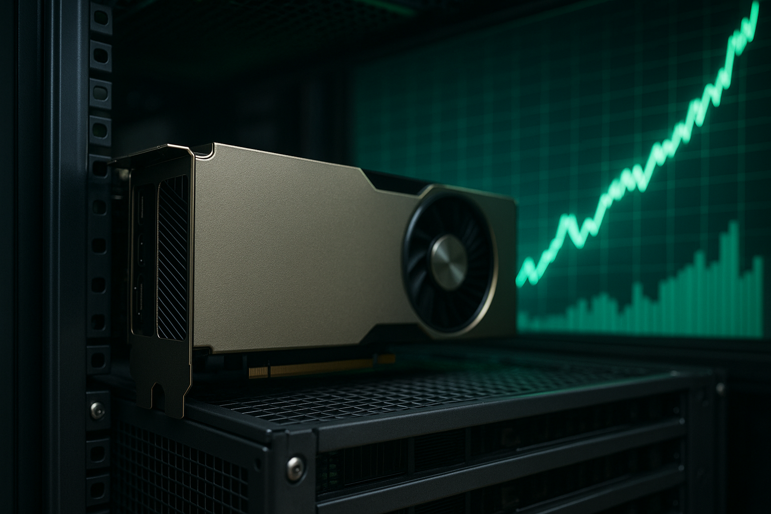 A high-performance GPU inside a data-center server rack with a rising financial chart glowing in the background, symbolizing strong tech market momentum.