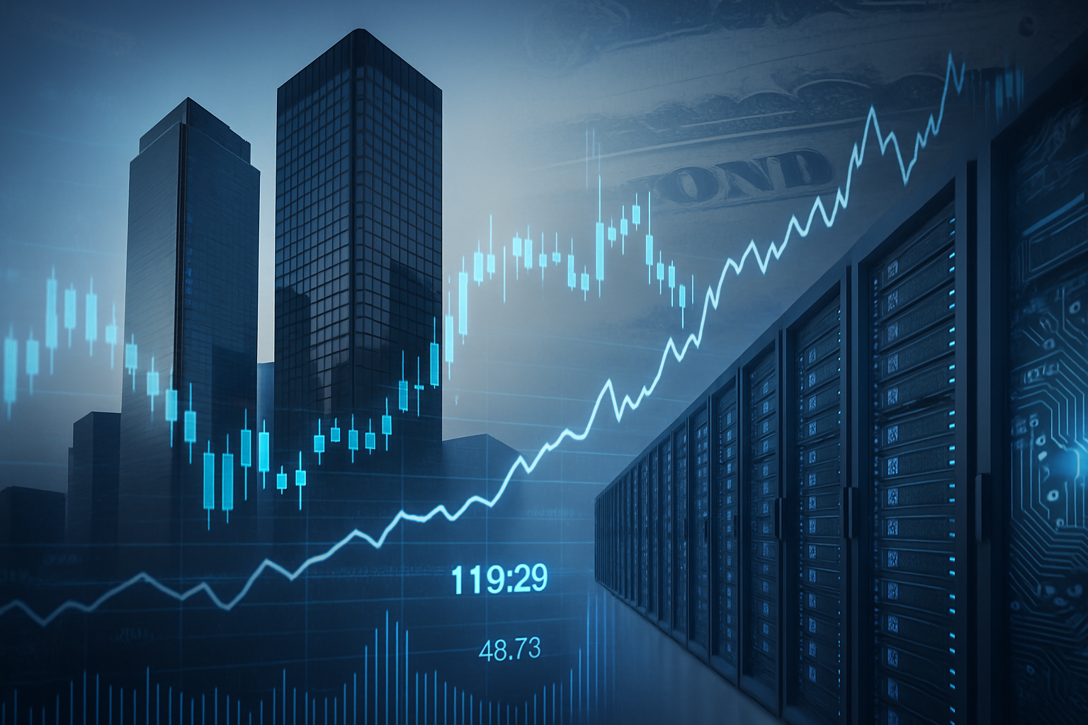 Photorealistic scene showing modern skyscrapers alongside a data-center corridor, overlaid with rising financial market charts symbolizing AI investment growth and debt financing.