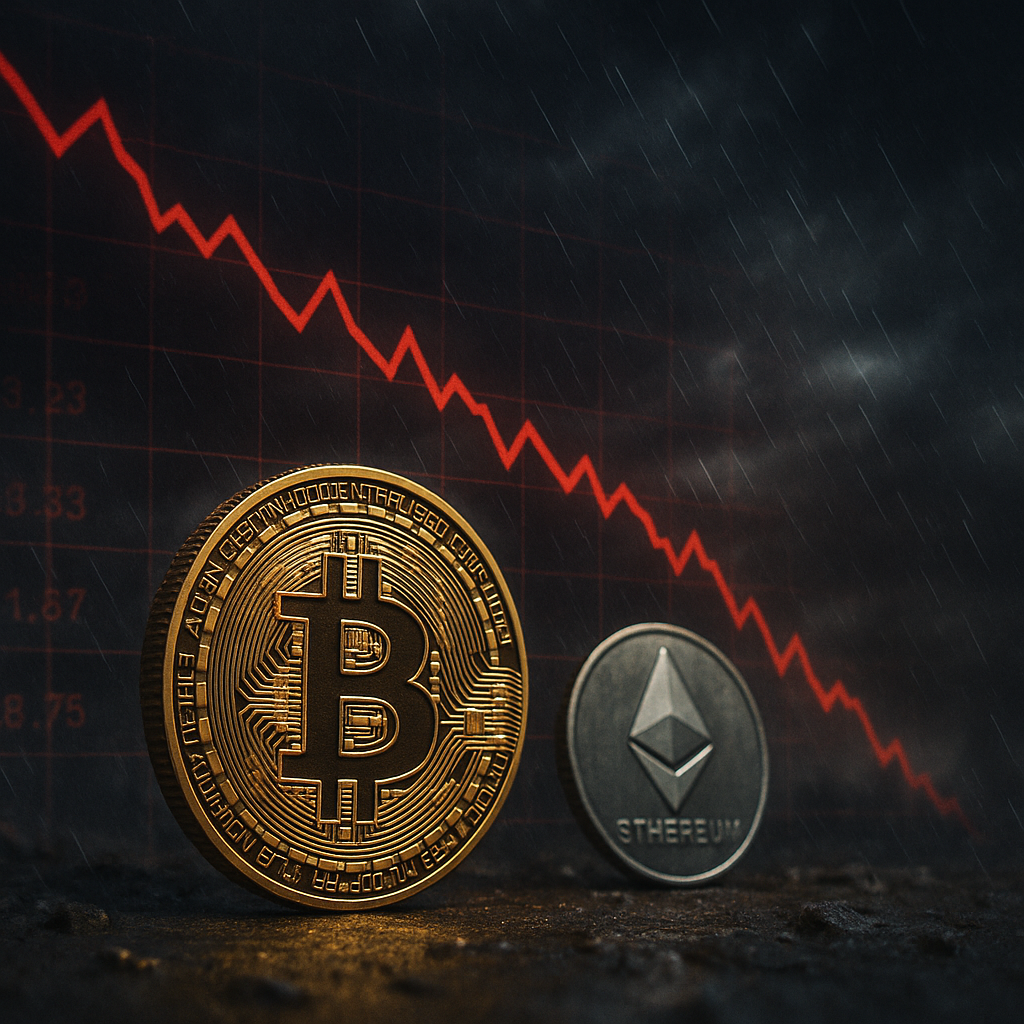Photorealistic Bitcoin and Ethereum coins in front of a red falling price chart, symbolizing a sharp decline in cryptocurrency markets.