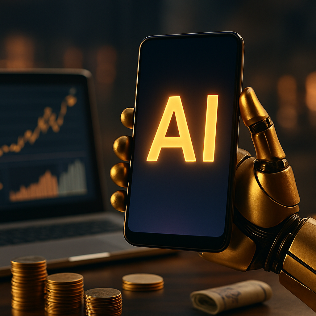 Photorealistic scene with a gold robotic hand holding a smartphone, financial assets and rising charts in the background, symbolizing AI monetization and digital advertising revenue growth.