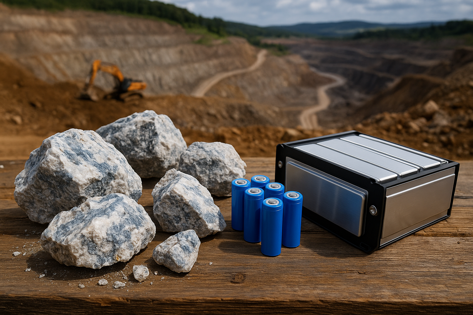Photorealistic lithium ore rocks on a wooden surface next to blue cylindrical battery cells and a sleek battery module, set against a large open-pit mine with earth-moving equipment under a partly cloudy sky.