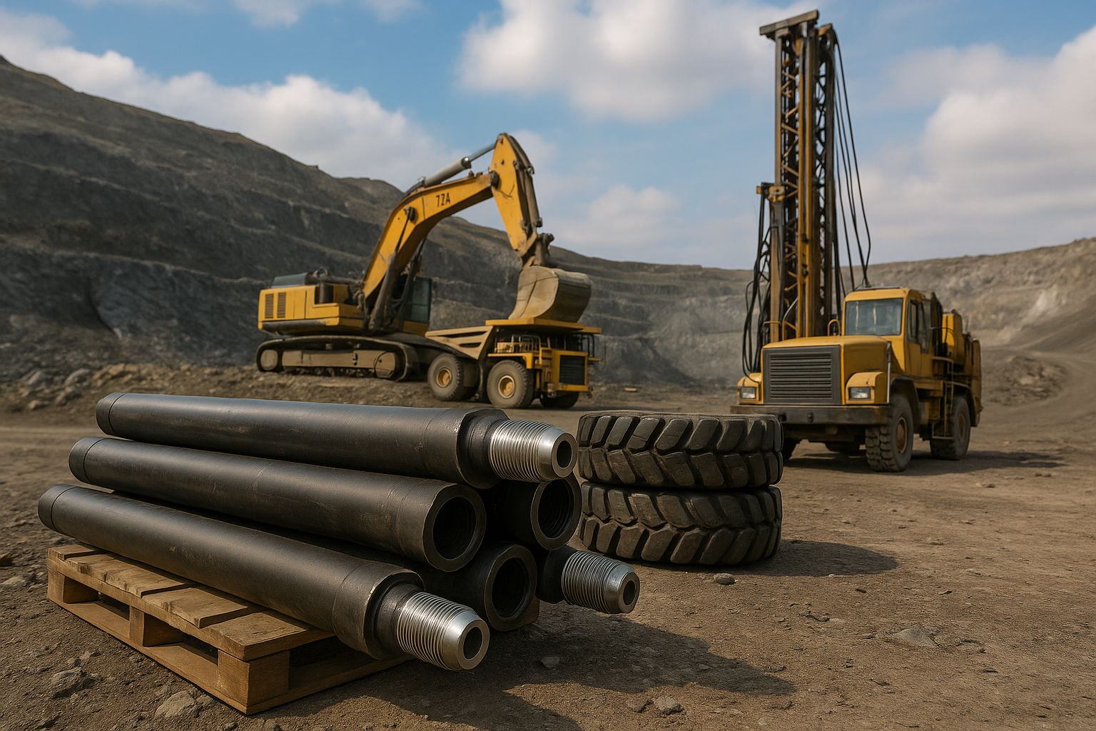 Photorealistic open-pit mine scene with heavy machinery, including a large yellow excavator and drilling rig, industrial drill pipes stacked in the foreground, and spare tires nearby, symbolizing the growth of mining services.