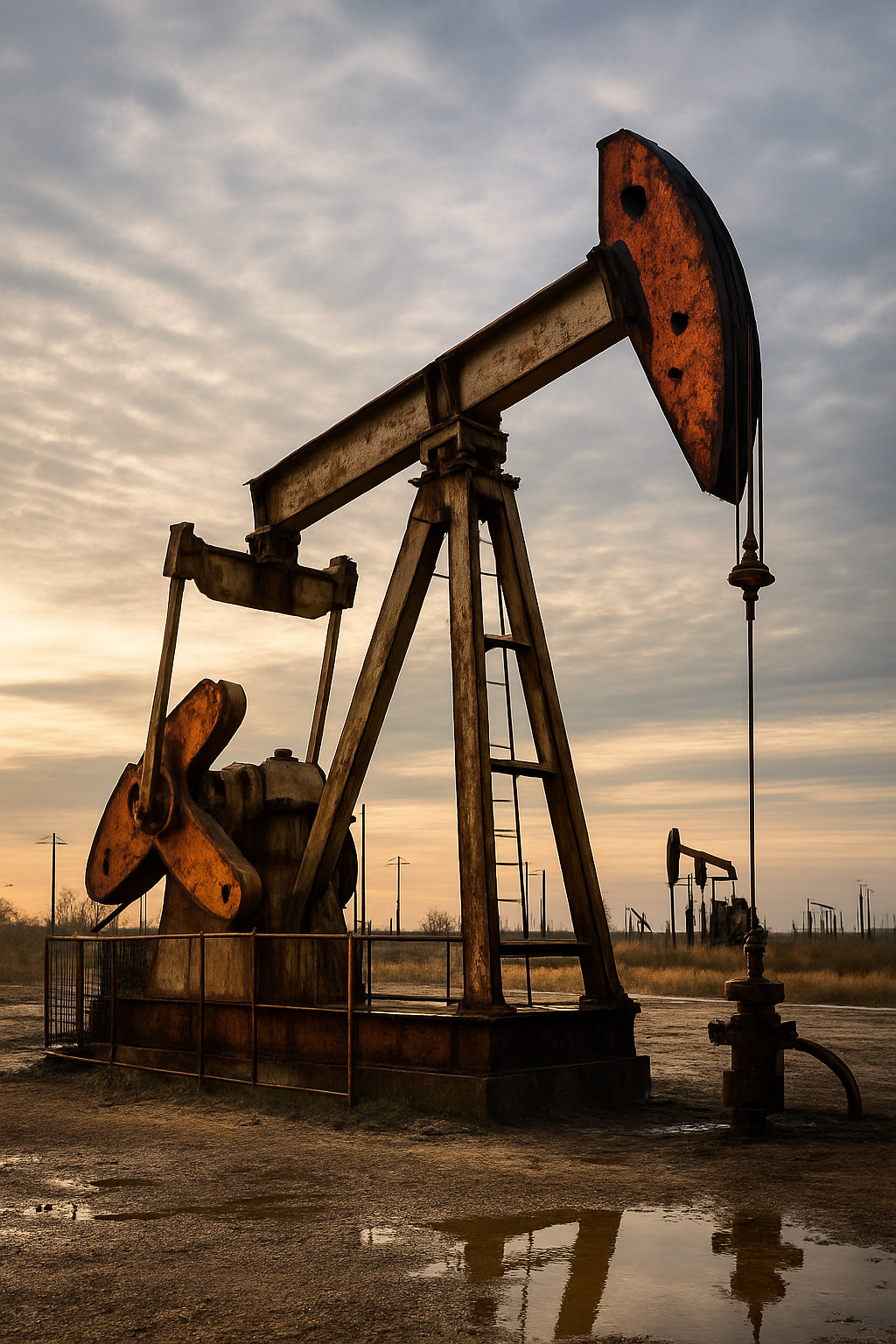 Photorealistic image of a weathered oil pumpjack in a quiet field at sunset, with distant pumpjacks and cloudy skies symbolizing declining oil prices and changing geopolitical dynamics.