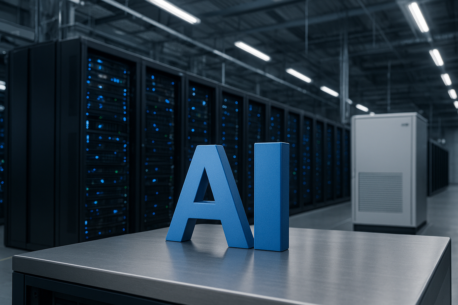 A photorealistic view of a modern data center with illuminated server racks and a large blue “AI” symbol placed on a metallic table in the foreground.