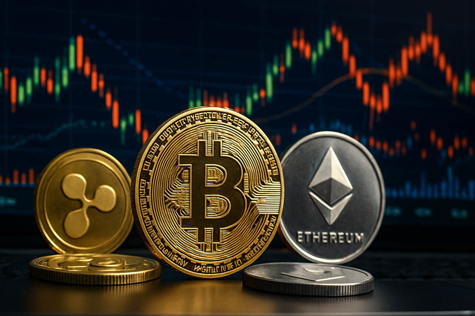 A photorealistic scene of cryptocurrency coins and digital charts symbolizing rising market volatility and increasing token supply.