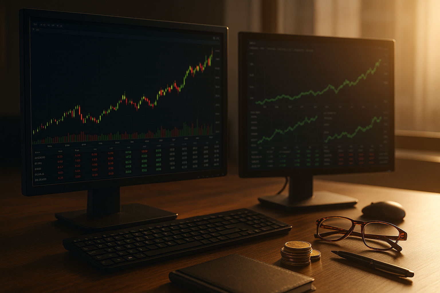 A photorealistic trading desk with dual monitors showing rising stock charts, warm sunlight illuminating the workspace with coins, glasses, and financial tools on the desk.