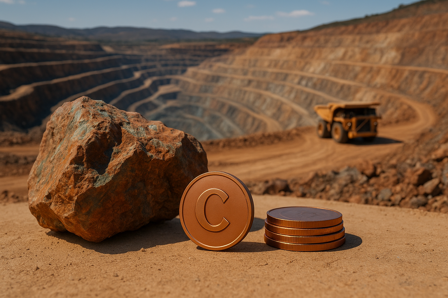 A photorealistic open-pit copper mine with terraced benches, a copper ore rock in the foreground, and stacked copper coins symbolizing production value.