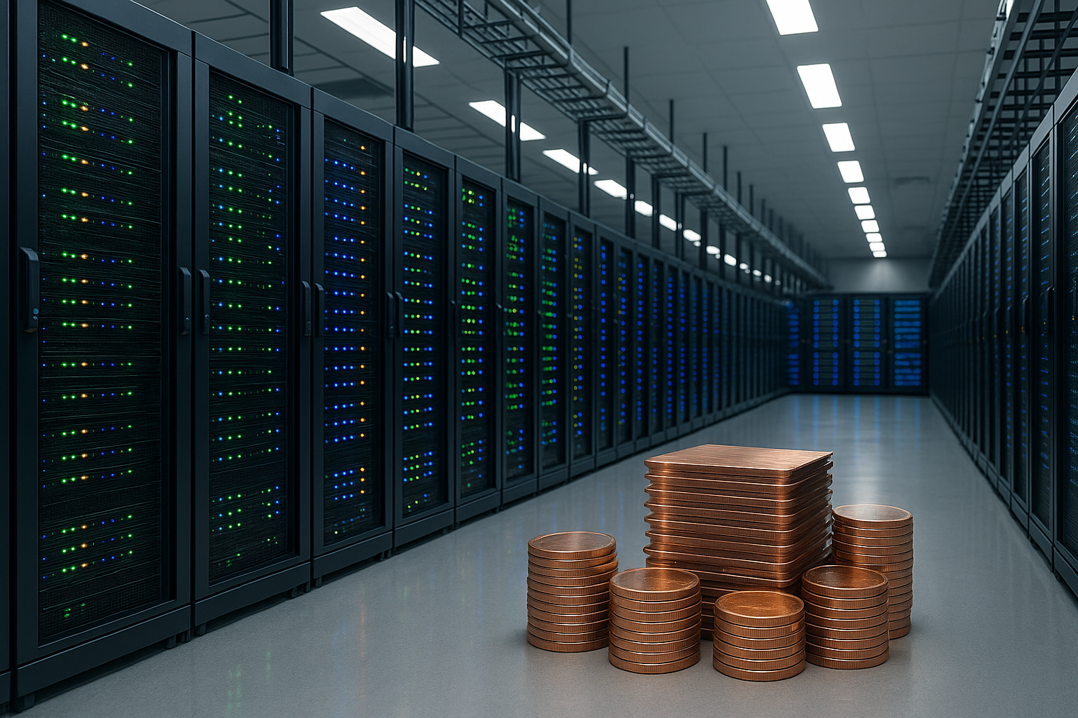 A photorealistic hyperscale data-centre corridor with rows of illuminated server racks and stacks of copper-toned components symbolizing massive infrastructure investment.