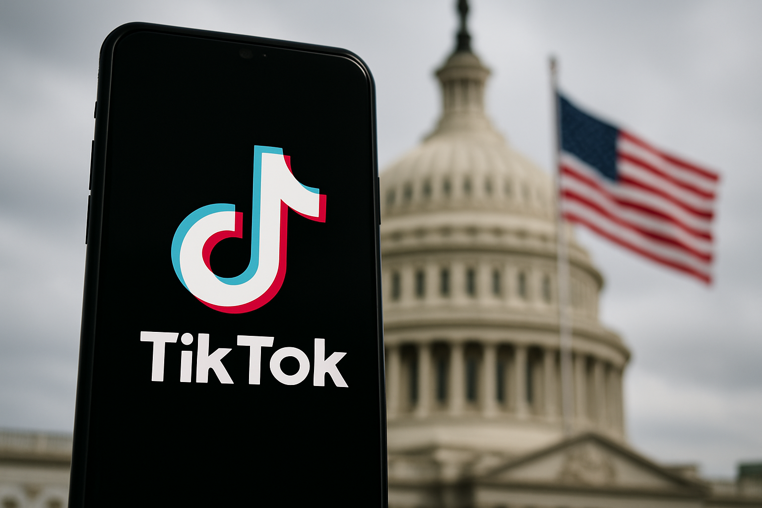 A smartphone displaying the TikTok logo positioned in front of the blurred U.S. Capitol building and an American flag, symbolizing rising political scrutiny.