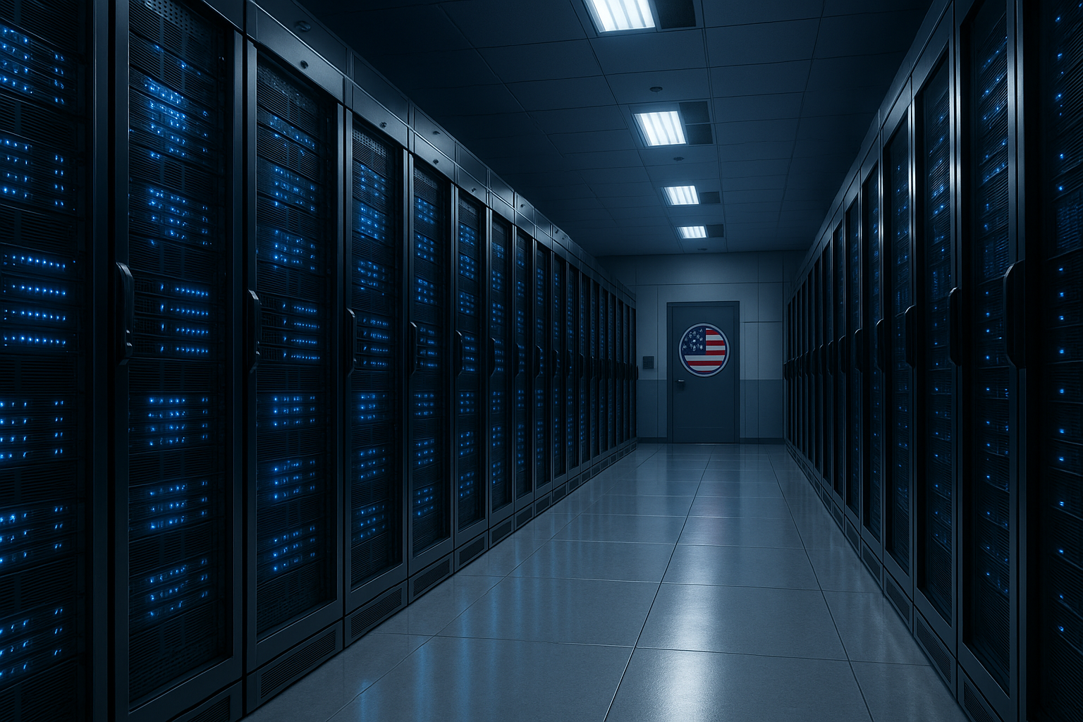 A photorealistic, dimly lit data-center hallway with rows of blue-lit server racks and a door at the end displaying a U.S. government emblem.