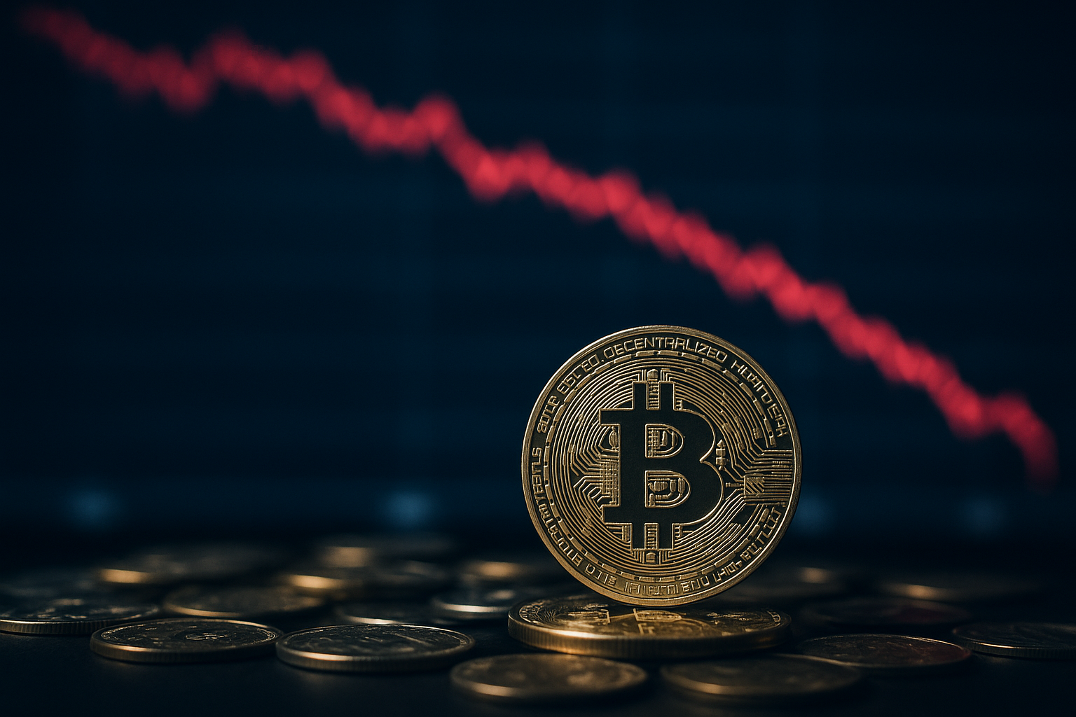 A close-up of a gold Bitcoin standing among scattered coins with a blurred red downward-trending market chart in the background.