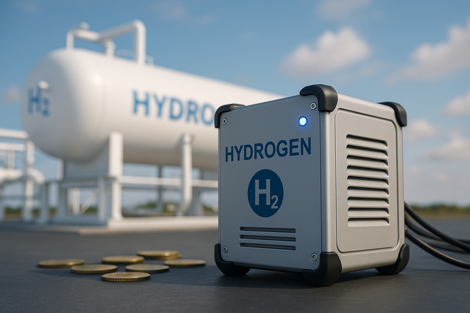 A compact hydrogen fuel-cell generator on an outdoor industrial surface, with a large hydrogen storage tank and pipes blurred in the background under a blue sky.