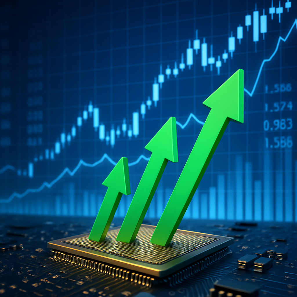 Photorealistic image of semiconductor hardware with upward green arrows symbolizing rising tech and AI-driven stock market performance against a digital stock chart background.