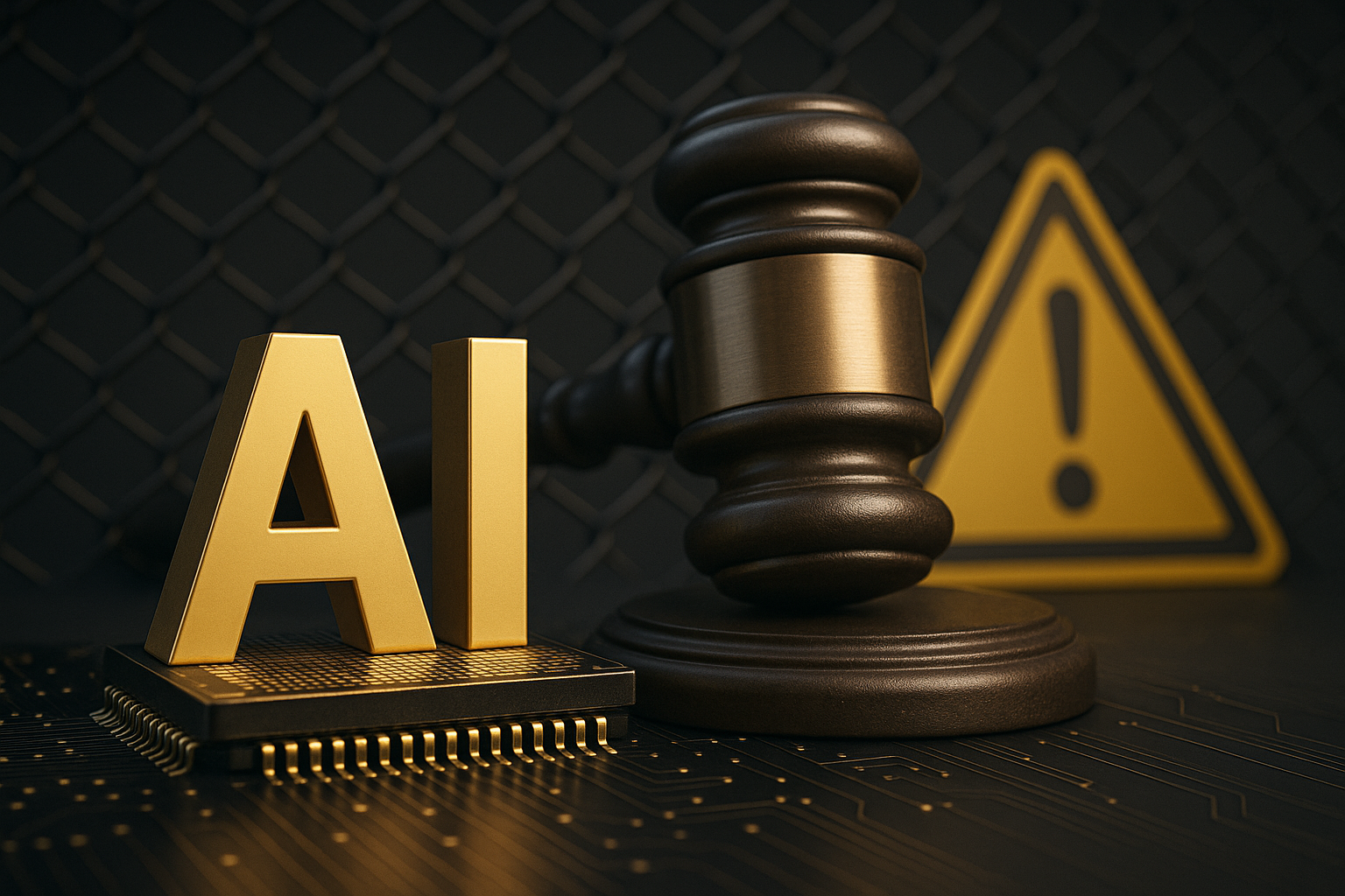 Photorealistic image showing a judge’s gavel beside a golden AI symbol resting on a microchip, with a blurred caution sign in the background, symbolizing rising legal and regulatory risks surrounding artificial intelligence.
