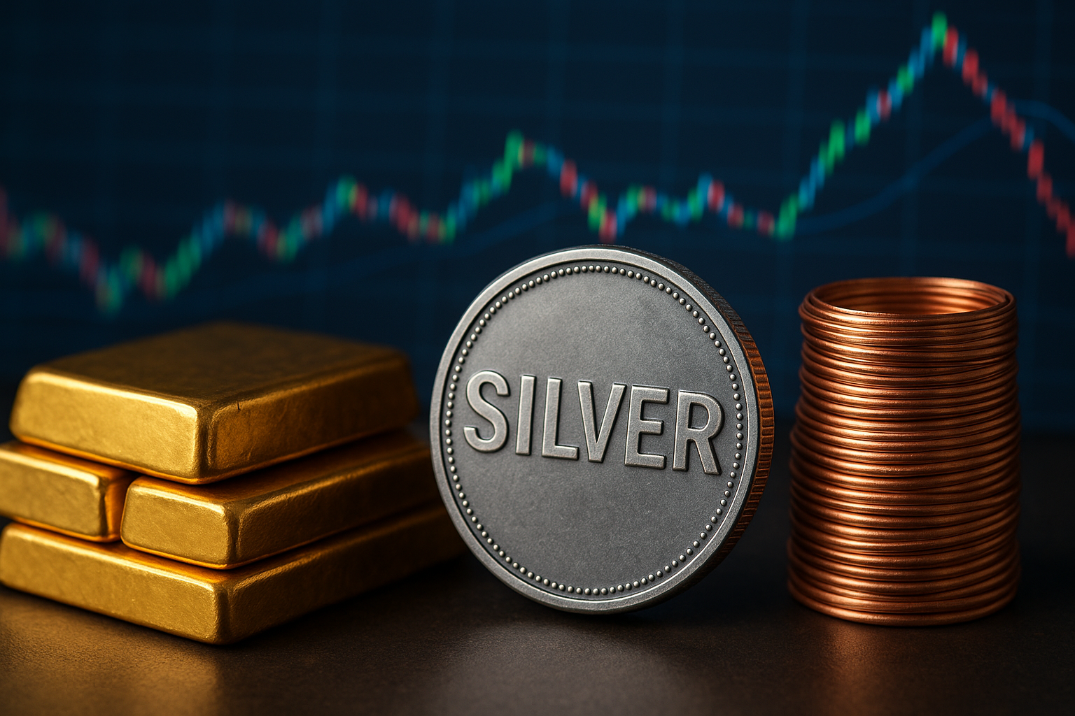 Photorealistic image showing gold bars, a silver coin, and stacked copper coils arranged in front of a blurred financial chart, symbolizing diverging market performance across precious and industrial metals.