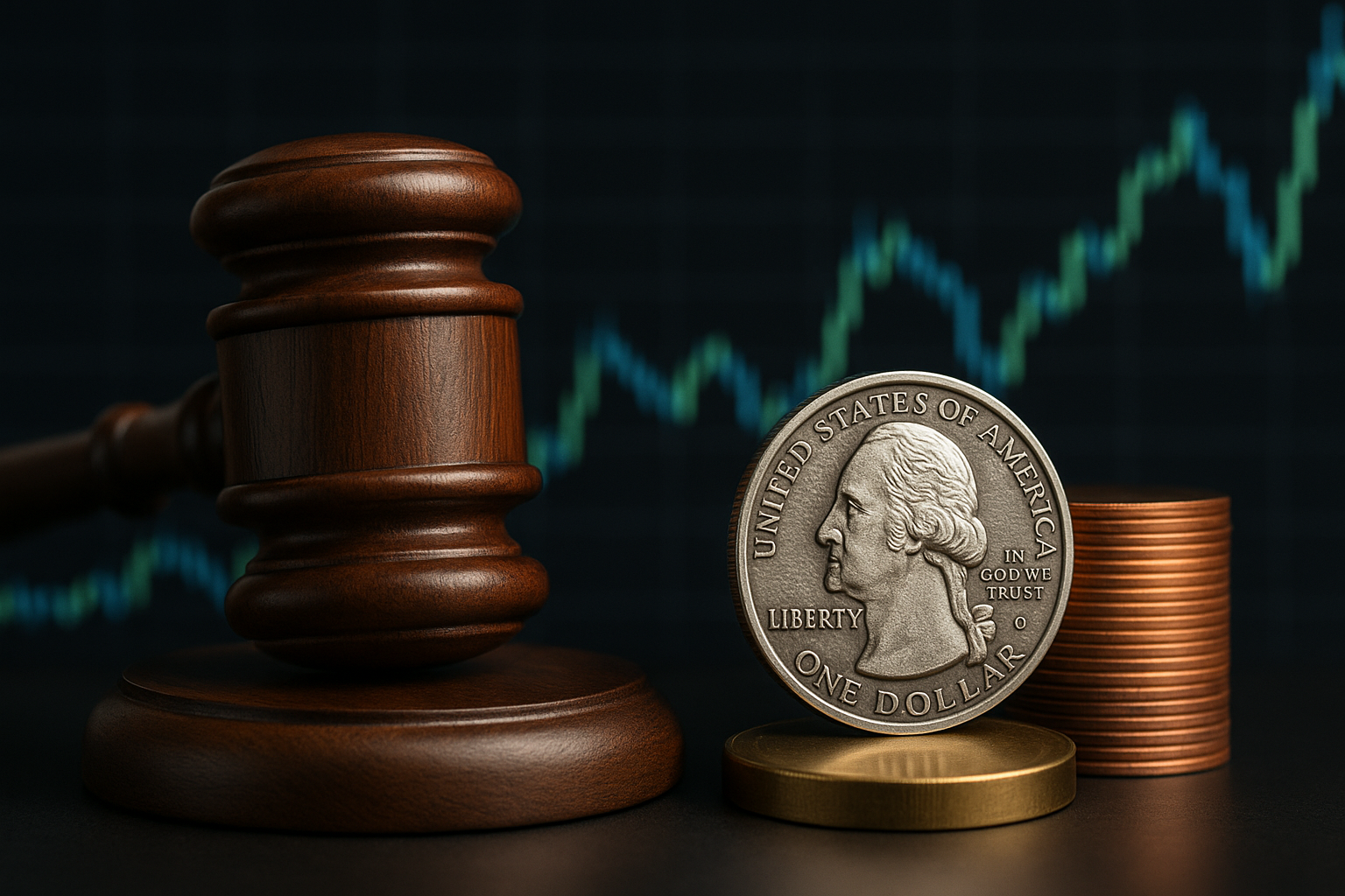 Photorealistic image showing a wooden judge’s gavel beside a U.S. dollar coin and stacked coins, with a blurred financial chart in the background, symbolizing interest-rate decisions and U.S. dollar stability.
