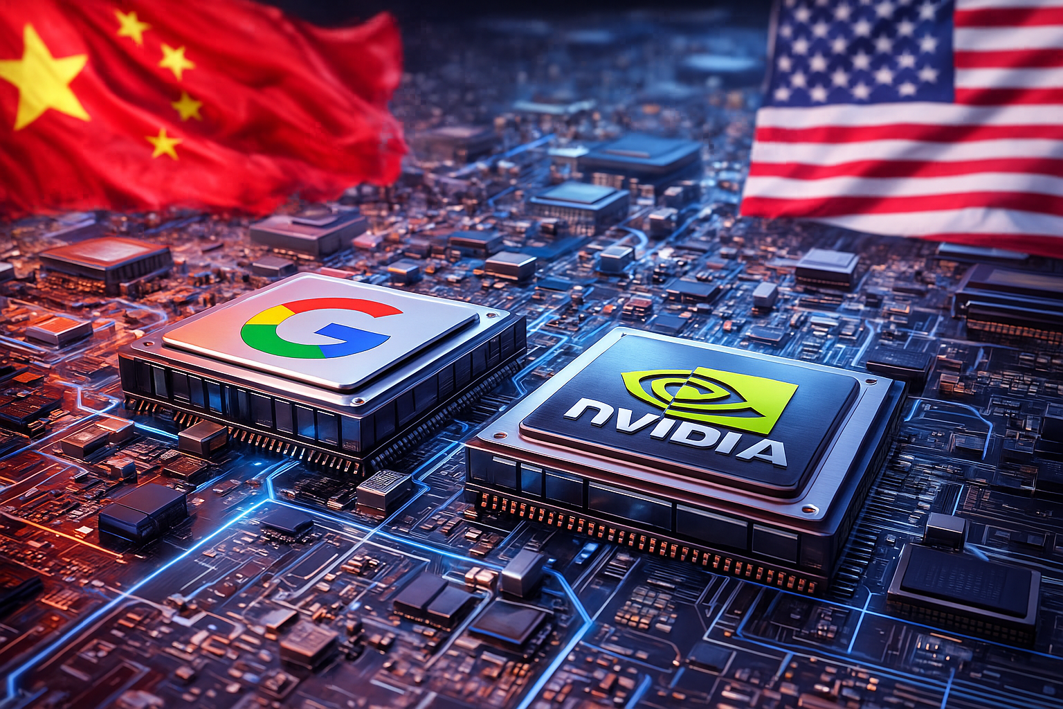 A photorealistic scene showing China- and U.S.-linked AI activity, with glowing digital clouds above circuit boards, and Google and Nvidia chips side by side, symbolizing global competition in AI models and semiconductor technology.