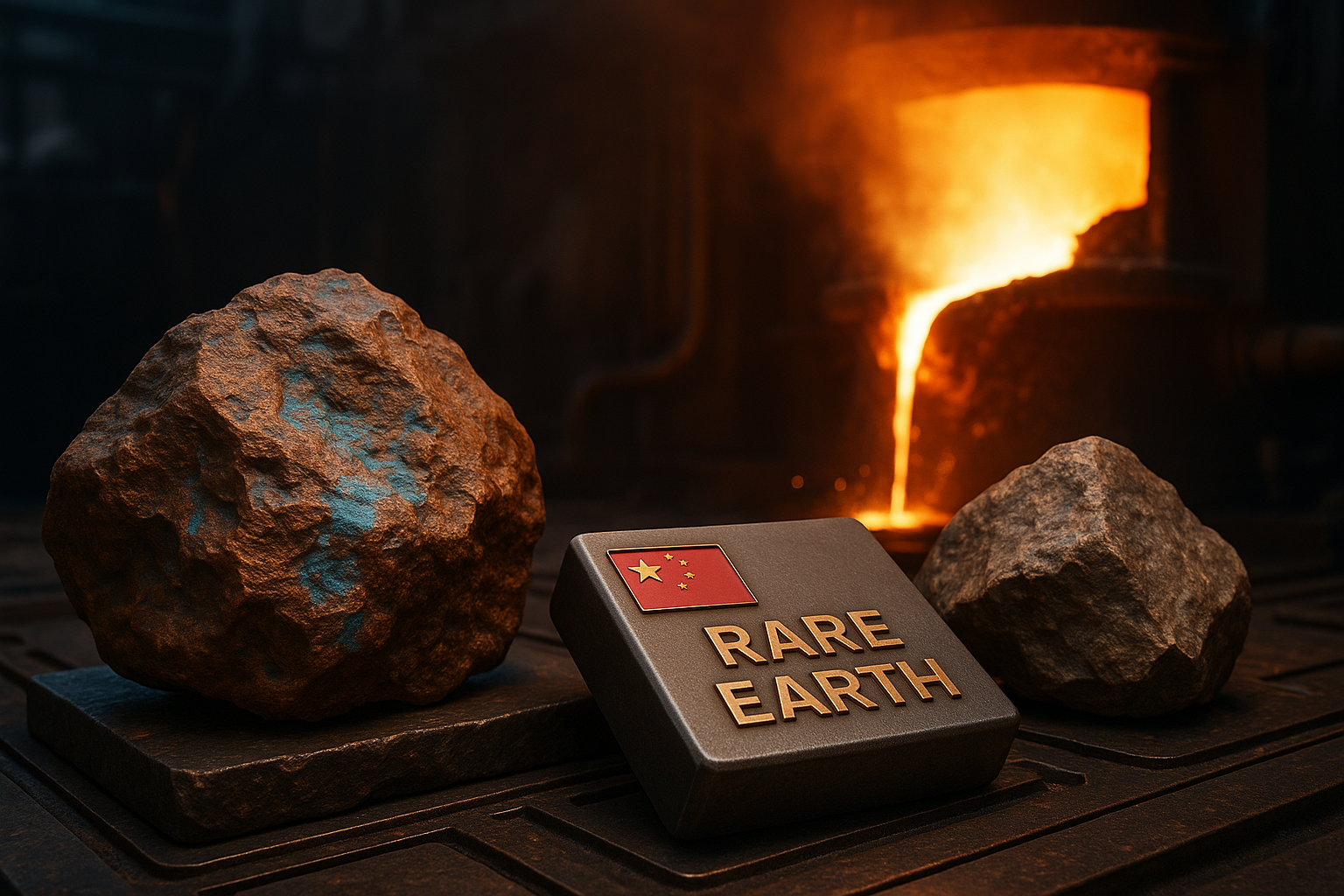 A photorealistic scene showing raw copper ore and rare-earth minerals placed near an active industrial smelting furnace, symbolizing tightening copper supply and China’s dominance in rare-earth processing.