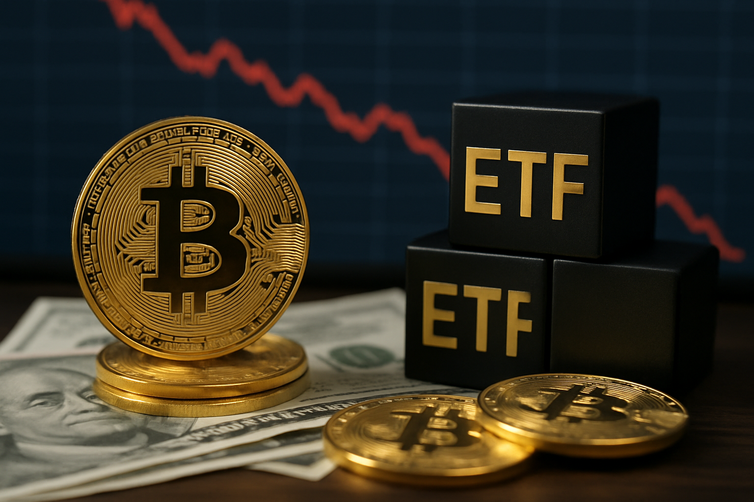 Photorealistic scene featuring physical Bitcoin coins placed beside black ETF blocks, with U.S. dollar bills underneath and a red downward-trending market chart in the background, symbolizing crypto market declines and ETF outflows.