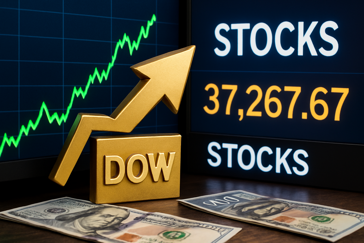 Photorealistic image featuring a rising green stock chart, a gold upward arrow sculpture, U.S. dollar bills, and digital market screens displaying stock index movements, symbolizing a broad Wall Street rally driven by Federal Reserve rate-cut expectations.