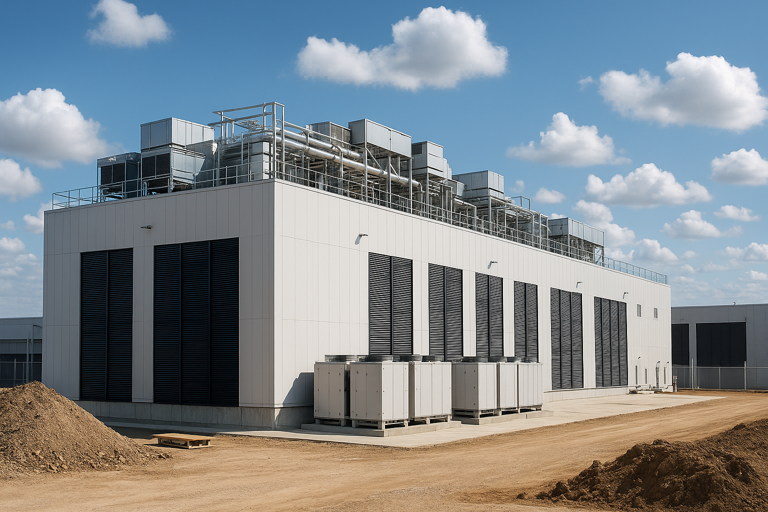 Photorealistic image of a modern data center under construction, featuring a large white building with industrial cooling systems, rooftop machinery, dirt work, and a clear blue sky with scattered clouds.