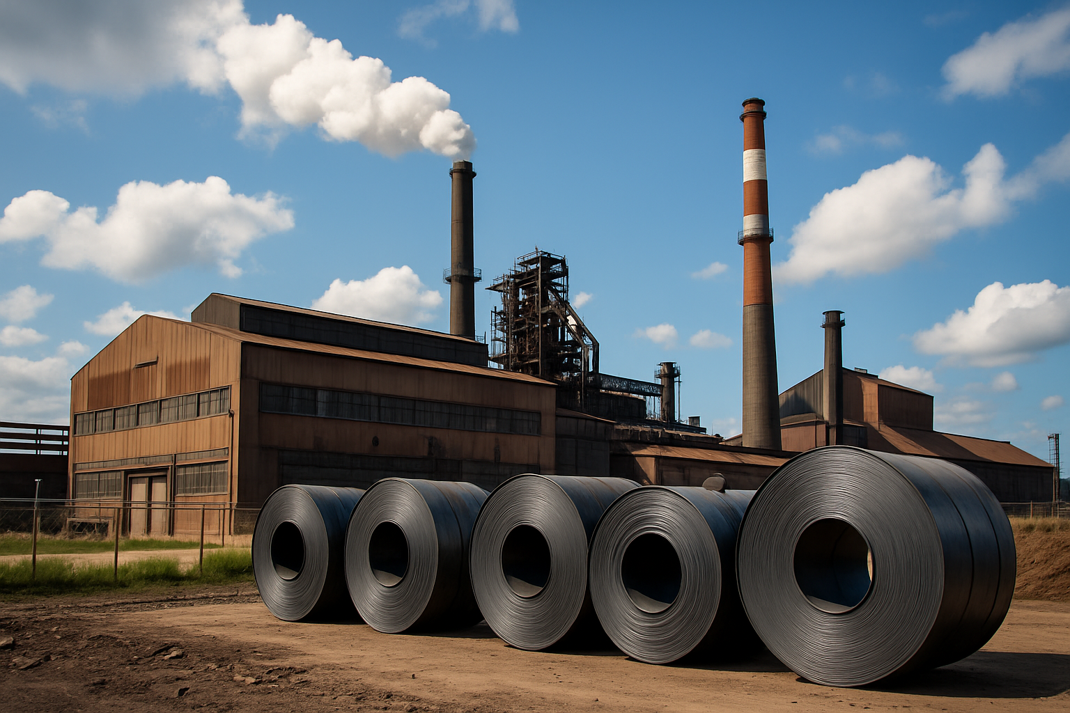 Photorealistic image of a steel mill with large rolled steel coils in the foreground, smokestacks emitting white steam, and industrial buildings under a partly cloudy blue sky.