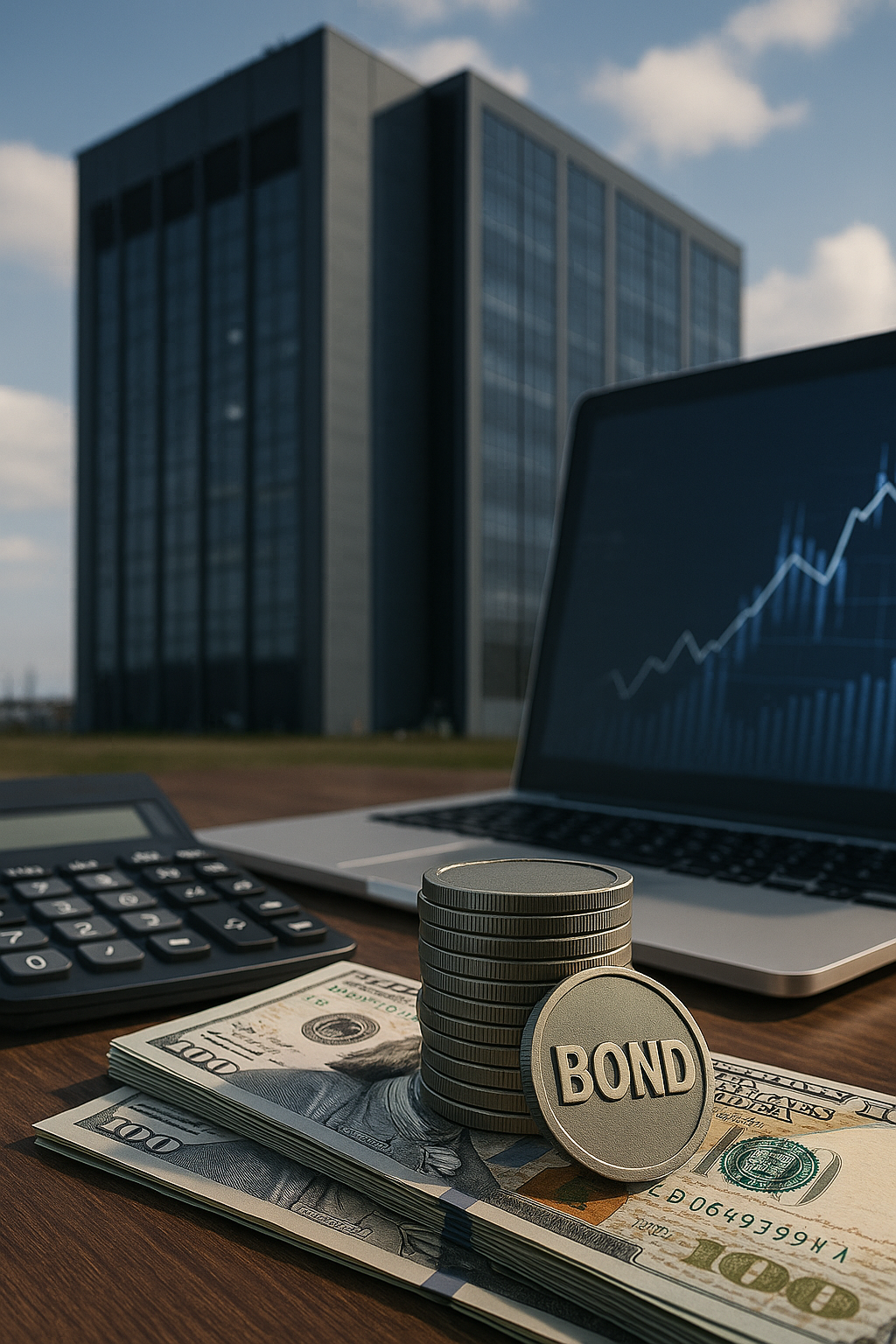 Photorealistic scene featuring stacked metallic bond tokens, U.S. hundred-dollar bills, a calculator, and a laptop displaying rising financial charts, all set outdoors in front of a large modern data-center-style glass building.