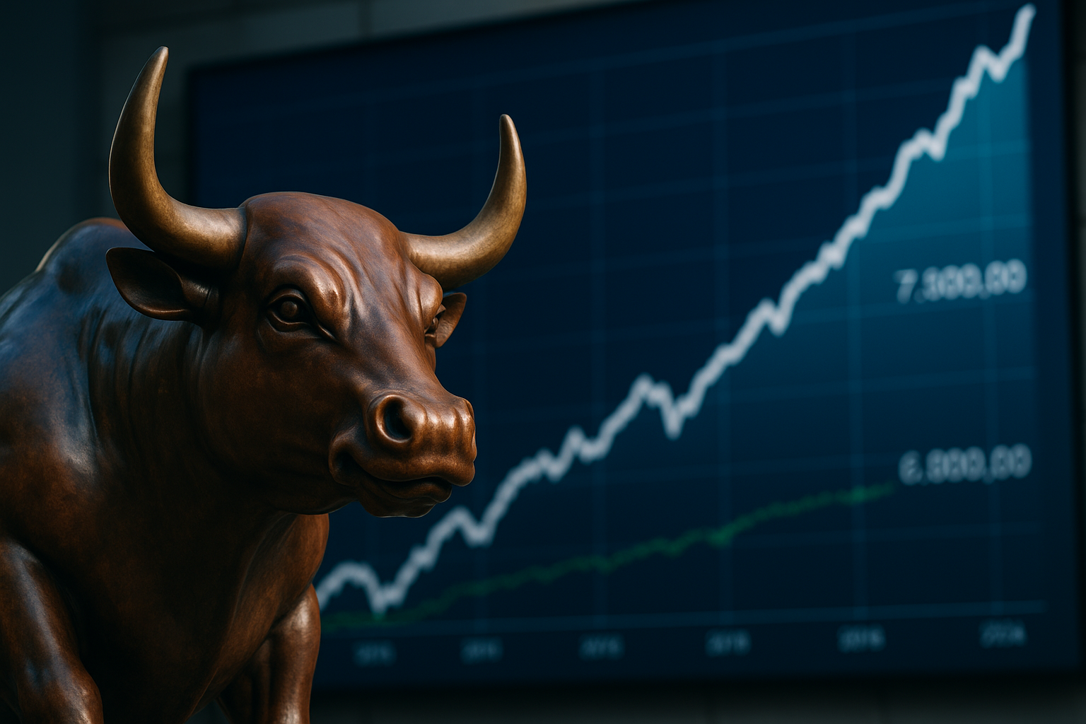 Photorealistic bronze bull statue in front of a large digital stock chart showing a steep upward trend.