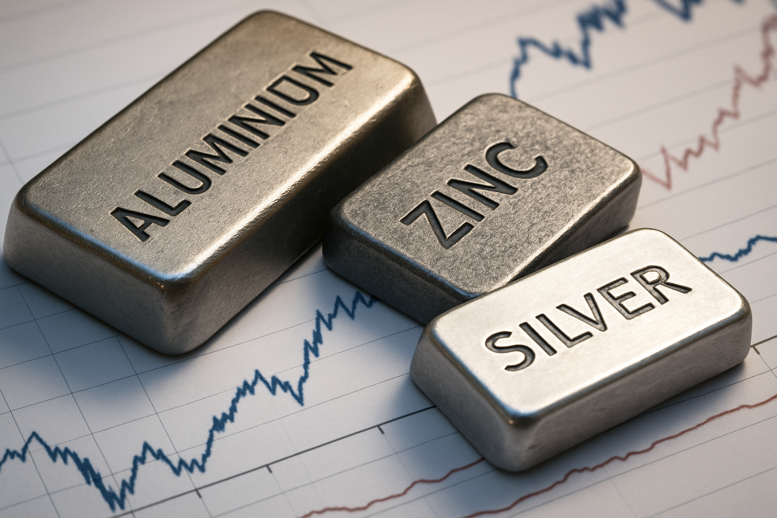 Photorealistic metal ingots of aluminium, zinc, and silver placed on top of rising financial market charts.