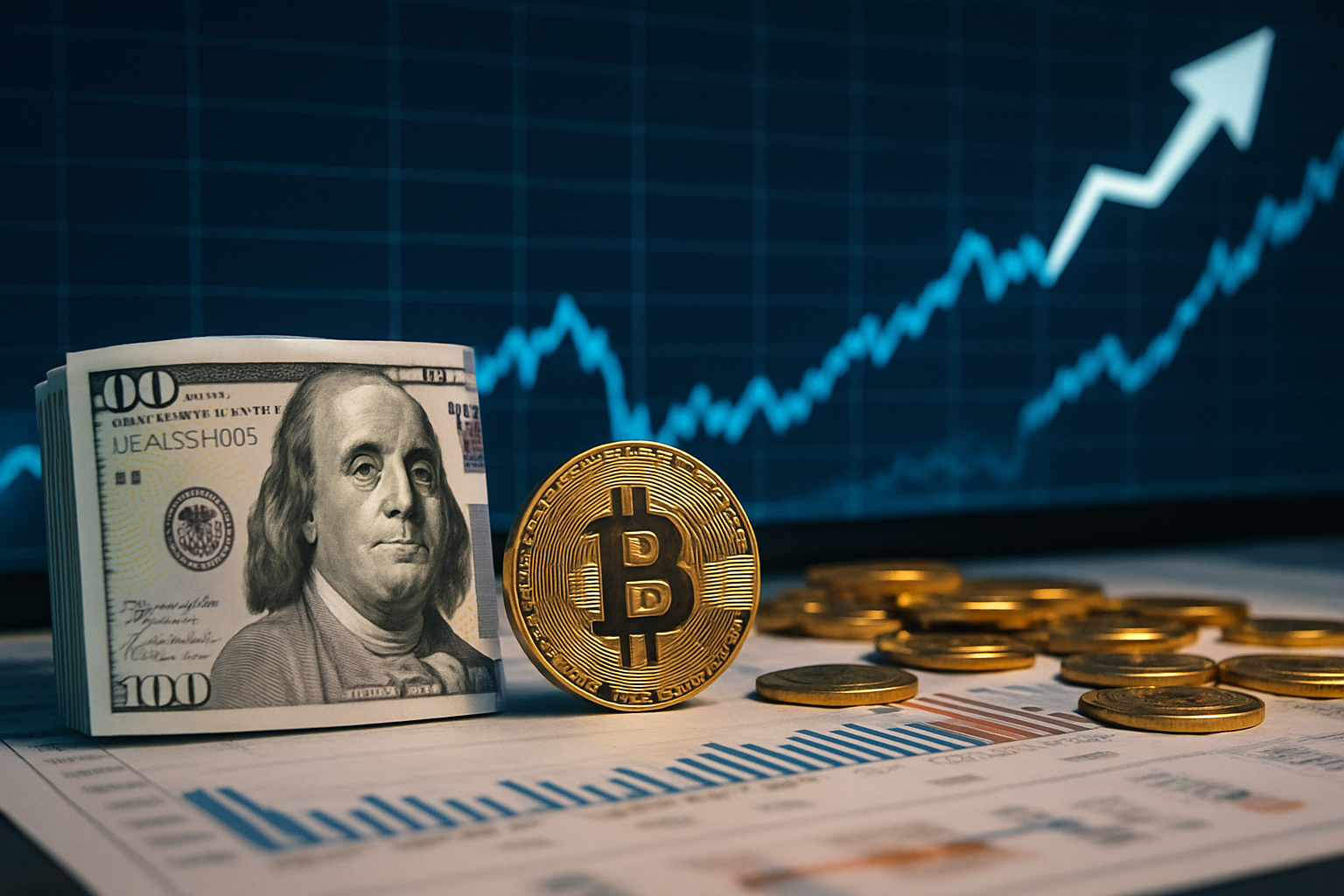 Photorealistic scene featuring U.S. dollar bills, gold coins, and a Bitcoin token in front of an upward-trending financial chart.